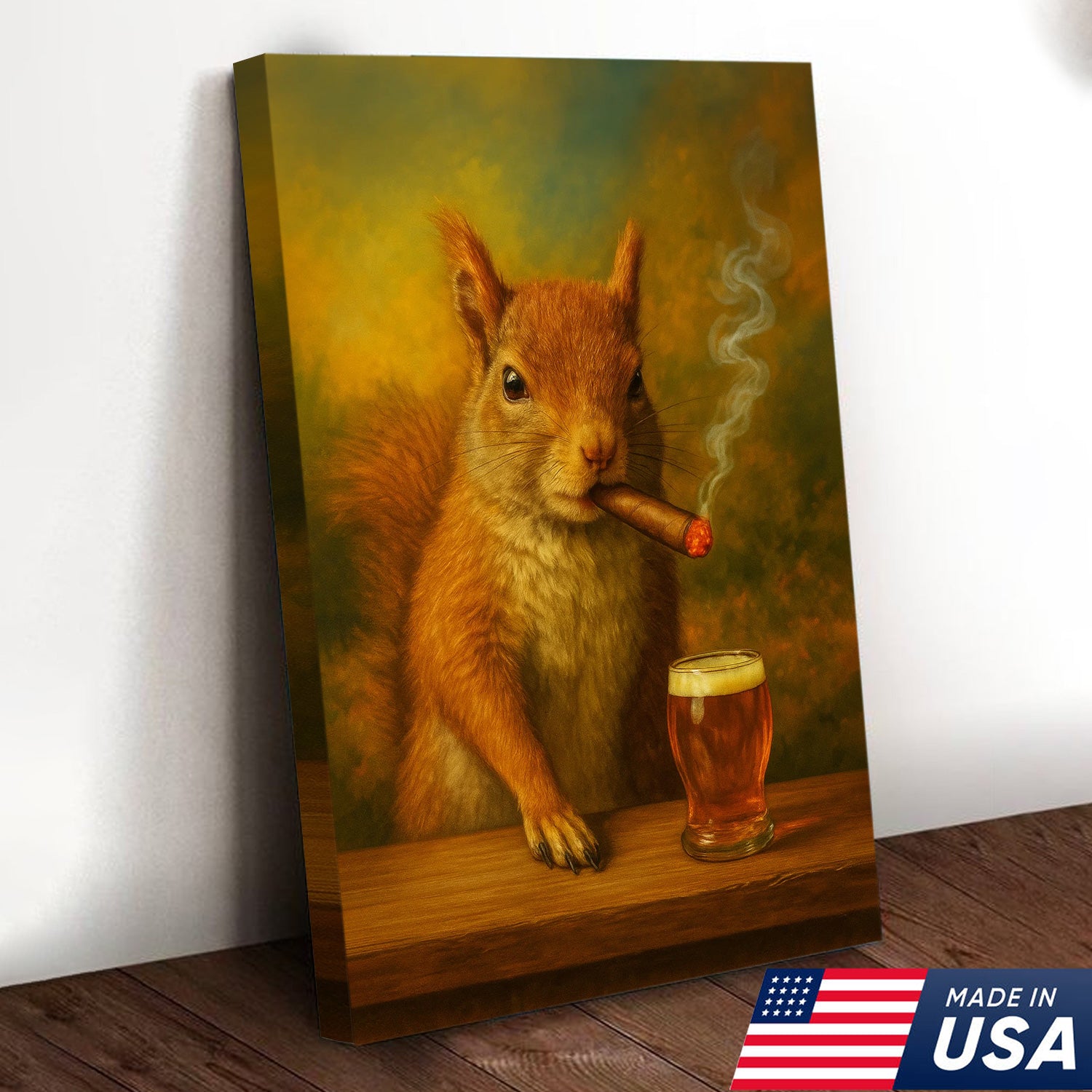 Funny Squirrel Smoking and Drinking Cocktail Glasses Canvas Wall Art – Quirky Cabin Decor