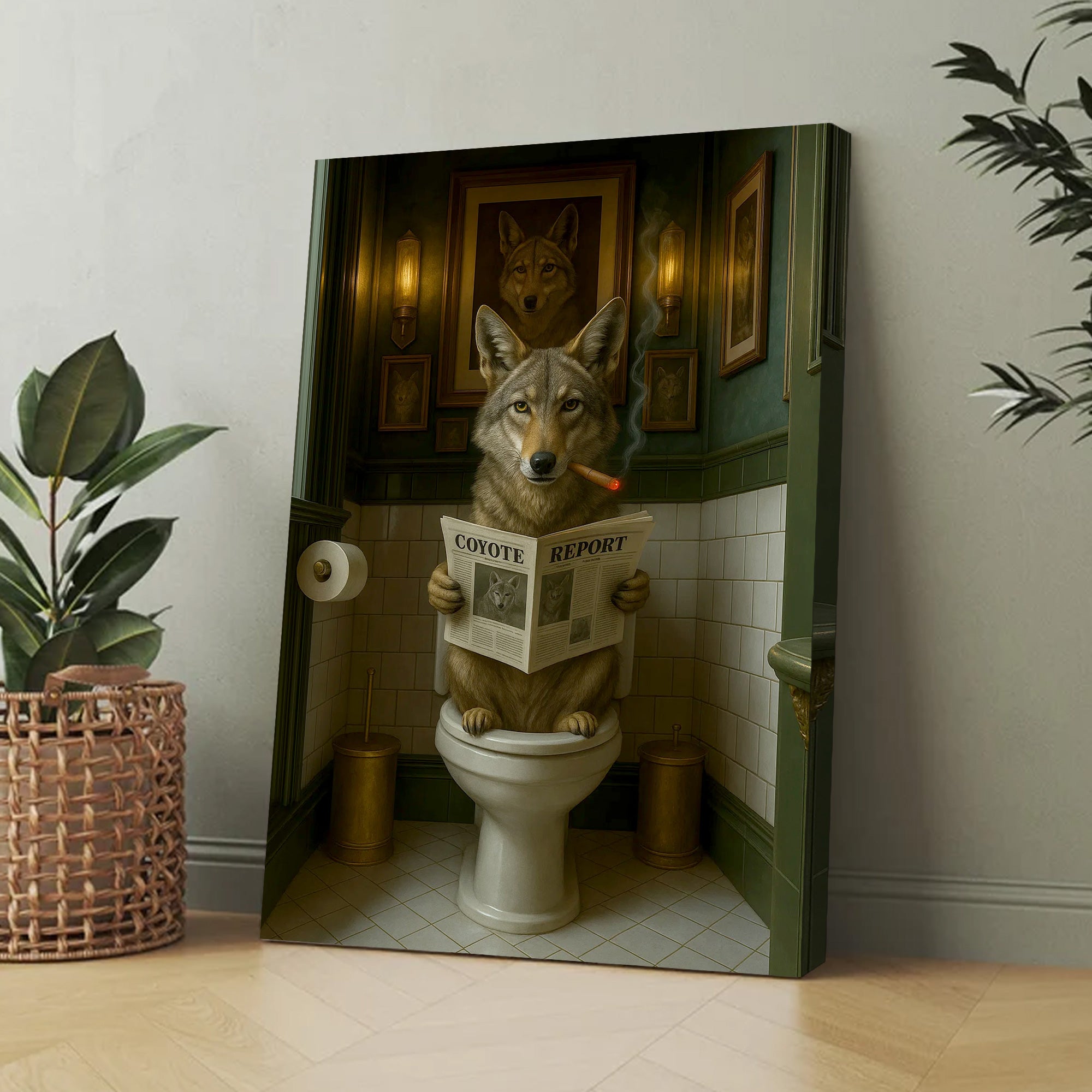 Funny Coyote Bathroom Canvas – Wild Dog on Toilet Reading Newspaper - Wolf Coyote - Rustic Lodge Decor, Gift for Outdoorsmen