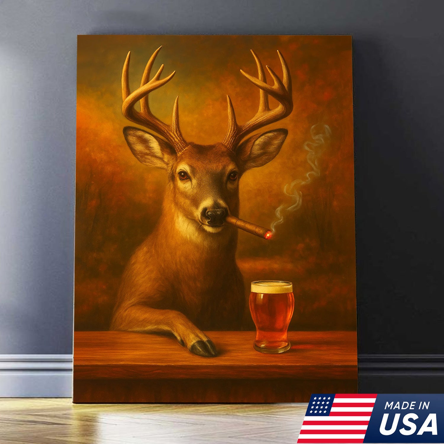 Funny White-Tailed Deer Smoking and Drinking Cocktail Glasses Canvas - Humorous Man Cave Wall Art For Hunters & Cocktail Glasses Lovers