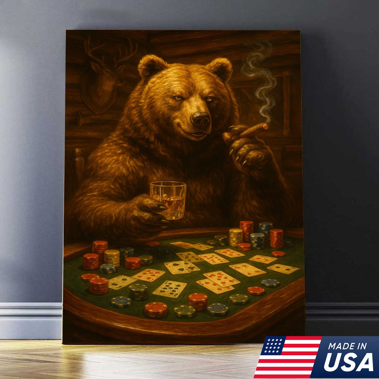 Rustic Bear Poker Canvas Wall Art – Funny Animal Playing Cards Decor for Cabin, Lodge & Game Room