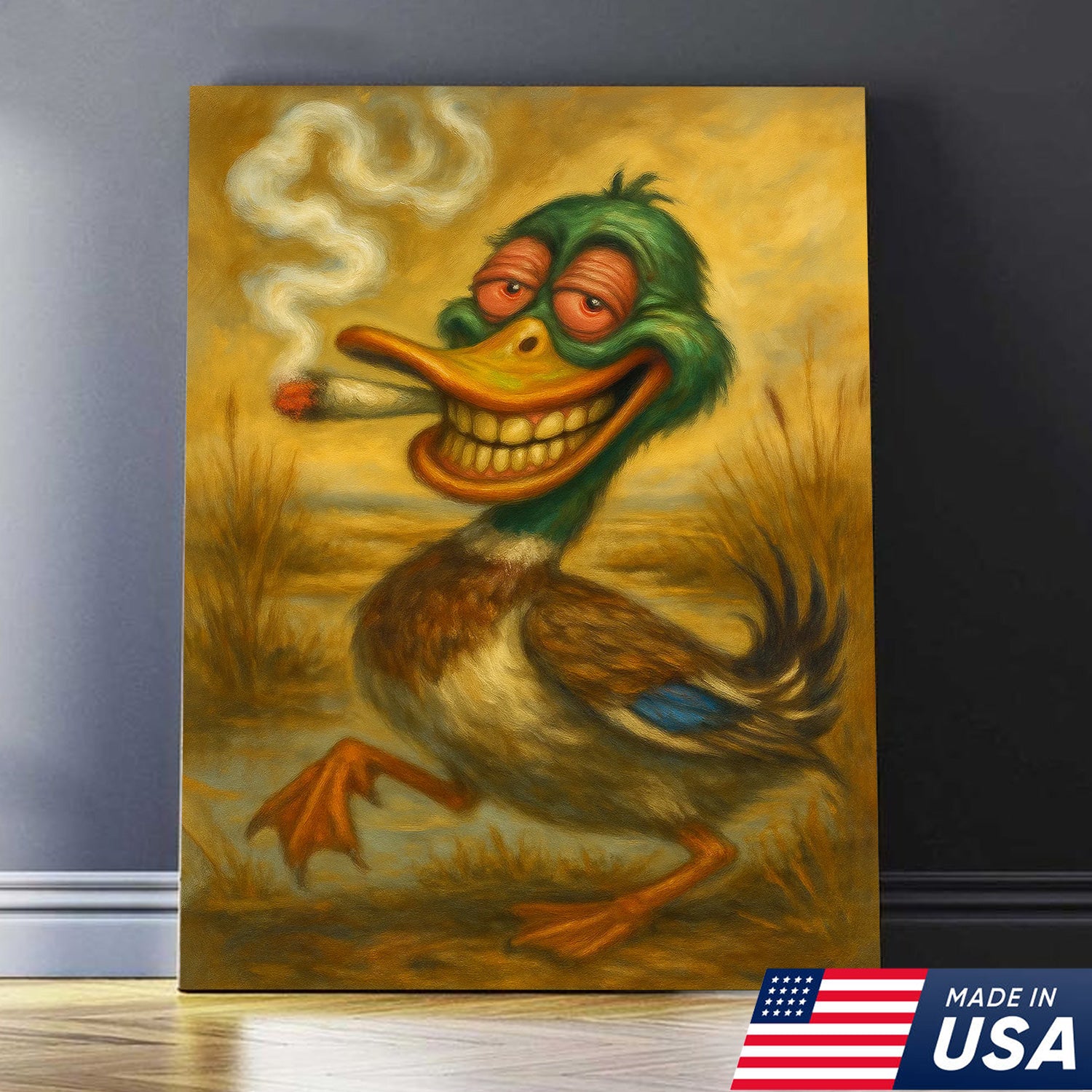 Funny Duck Smoking Canvas Wall Art – Rustic Hunting Cabin Decor, Man Cave & Lodge Gift