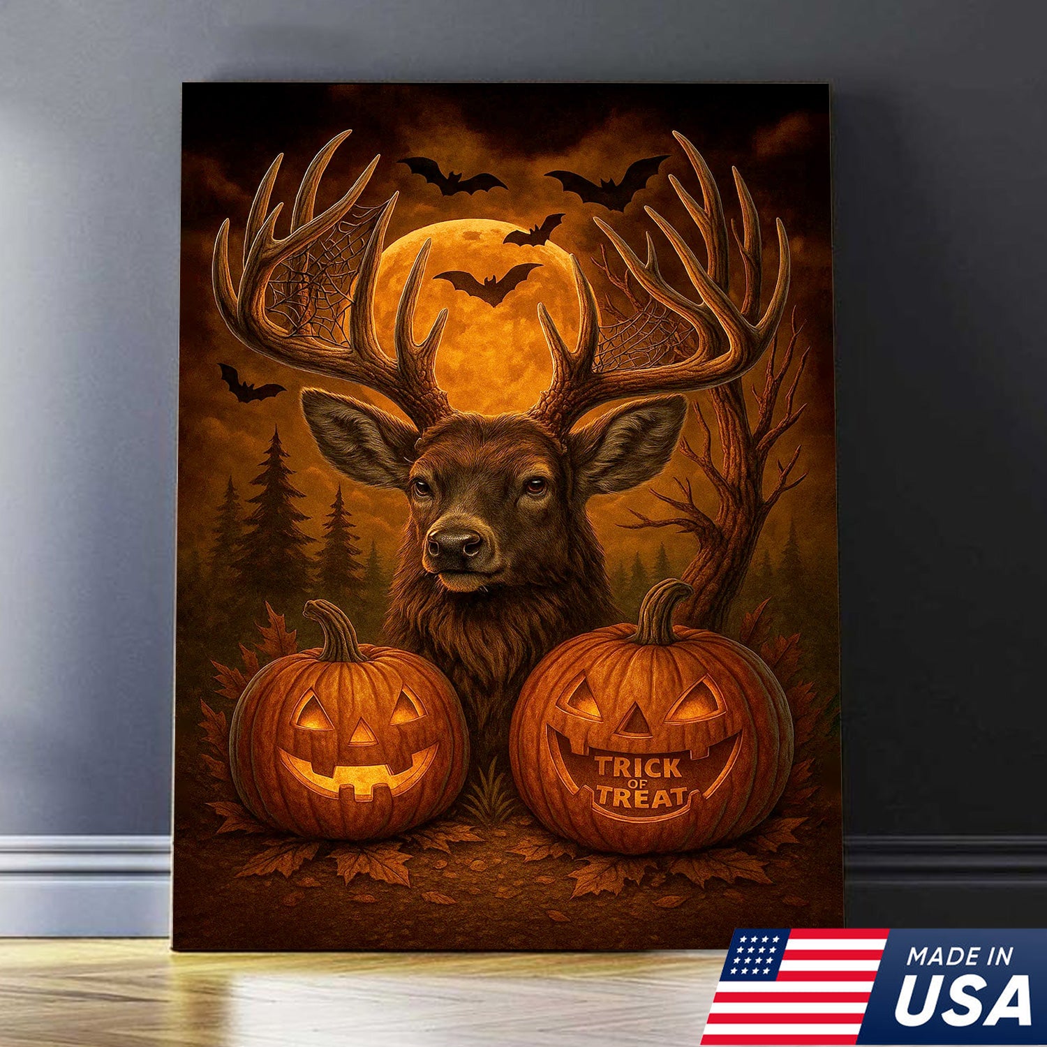 Trophy Buck Halloween Canvas Wall Art – Spooky Deer with Pumpkins and Full Moon Decor