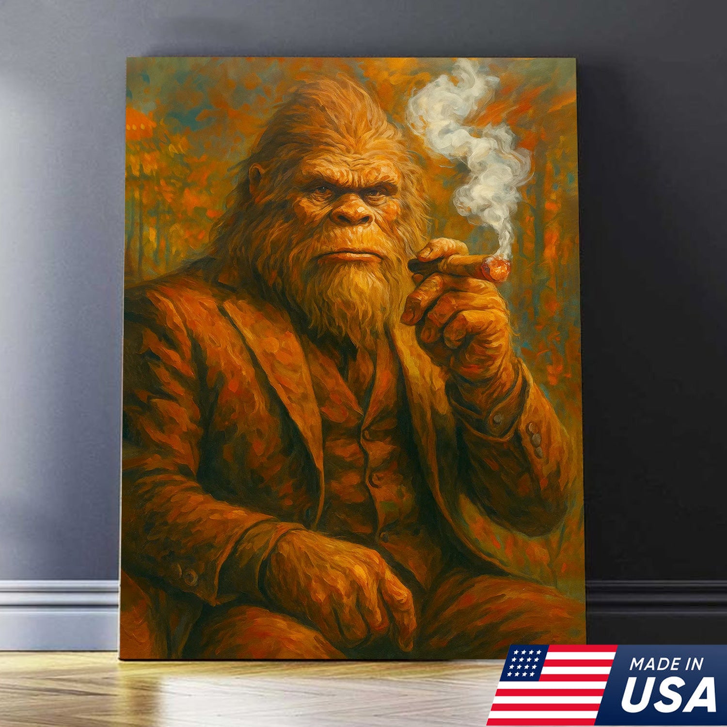 Bigfoot Smoking Canvas, Sasquatch Wall Art Print for Man Cave, Rustic Cabin & Smoking Lounge