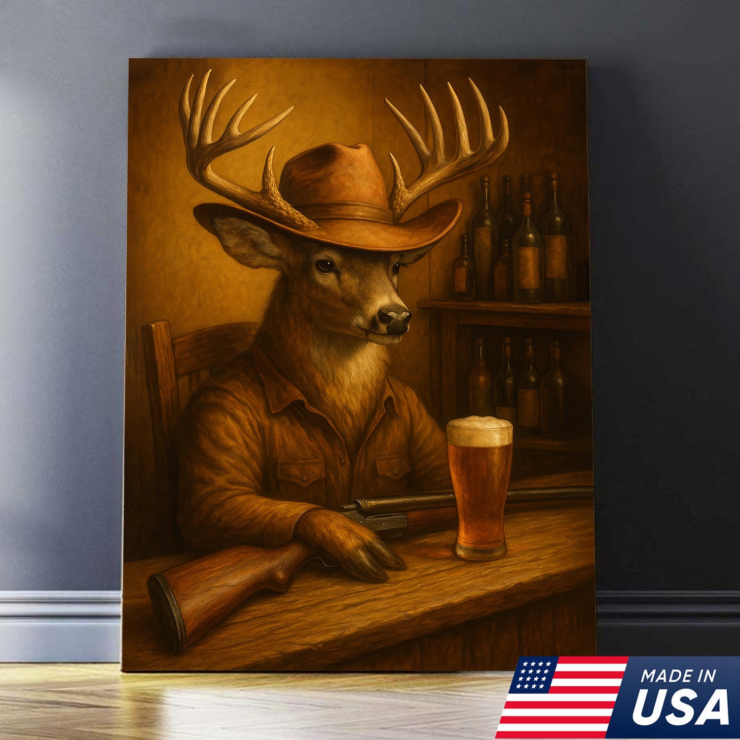 Funny Cowboy Deer Cocktail Glasses Bar Canvas Wall Art – Rustic Hunting Lodge Decor