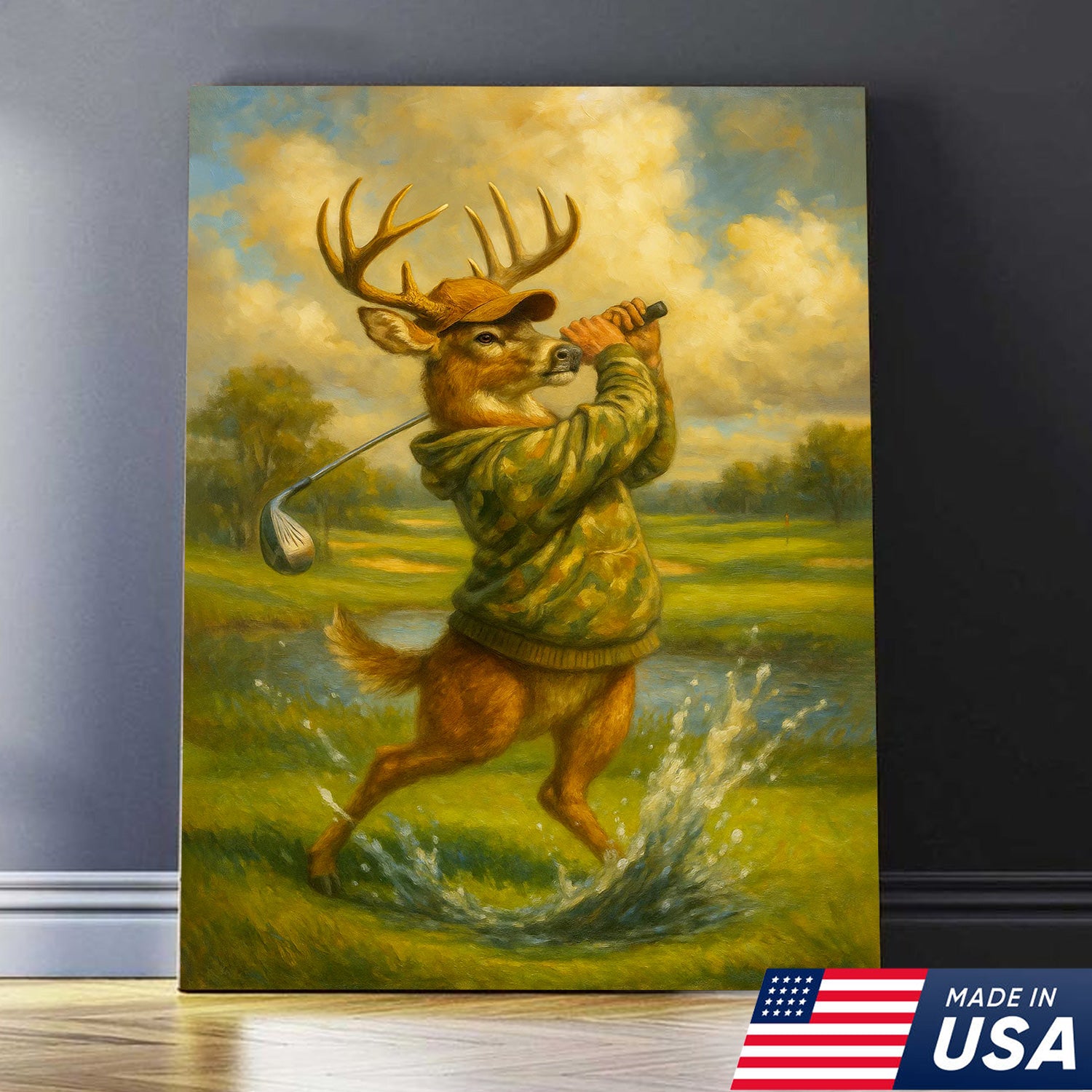 Funny Deer Playing Golf Canvas Wall Art – Rustic Hunting Cabin Lodge Decor, Man Cave & Golfer Gift