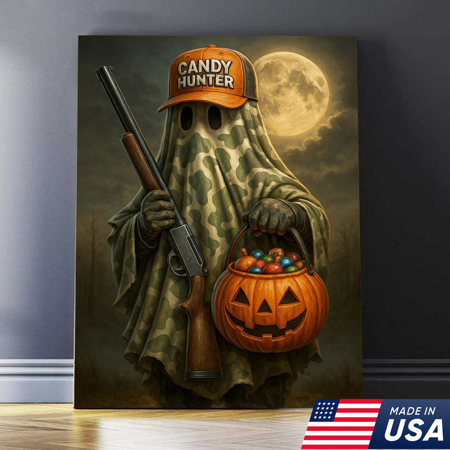 Candy Hunter Halloween Canvas Wall Art – Camouflage Ghost with Shotgun and Pumpkin Trick or Treat Decor