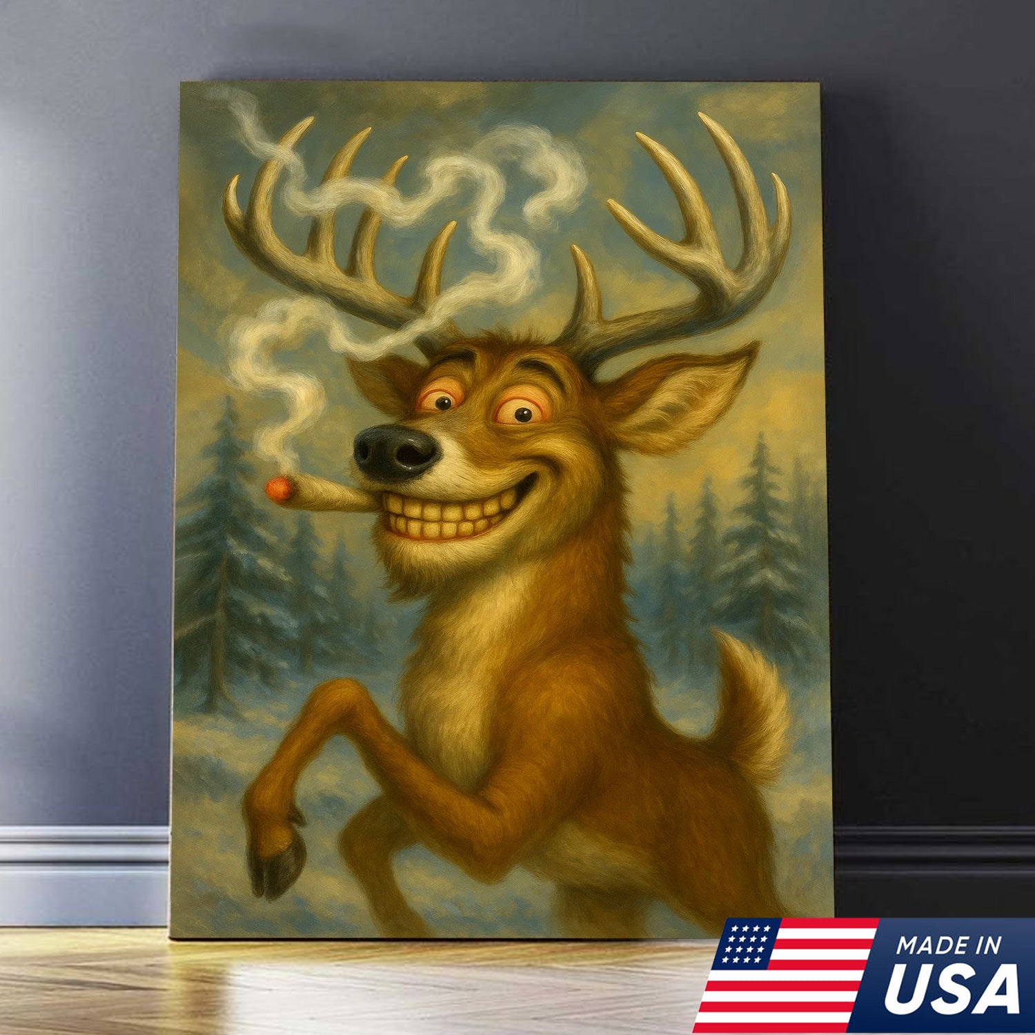 Funny Deer Smoking Canvas Wall Art – Rustic Cabin Lodge Decor, Hunting Gift for Men