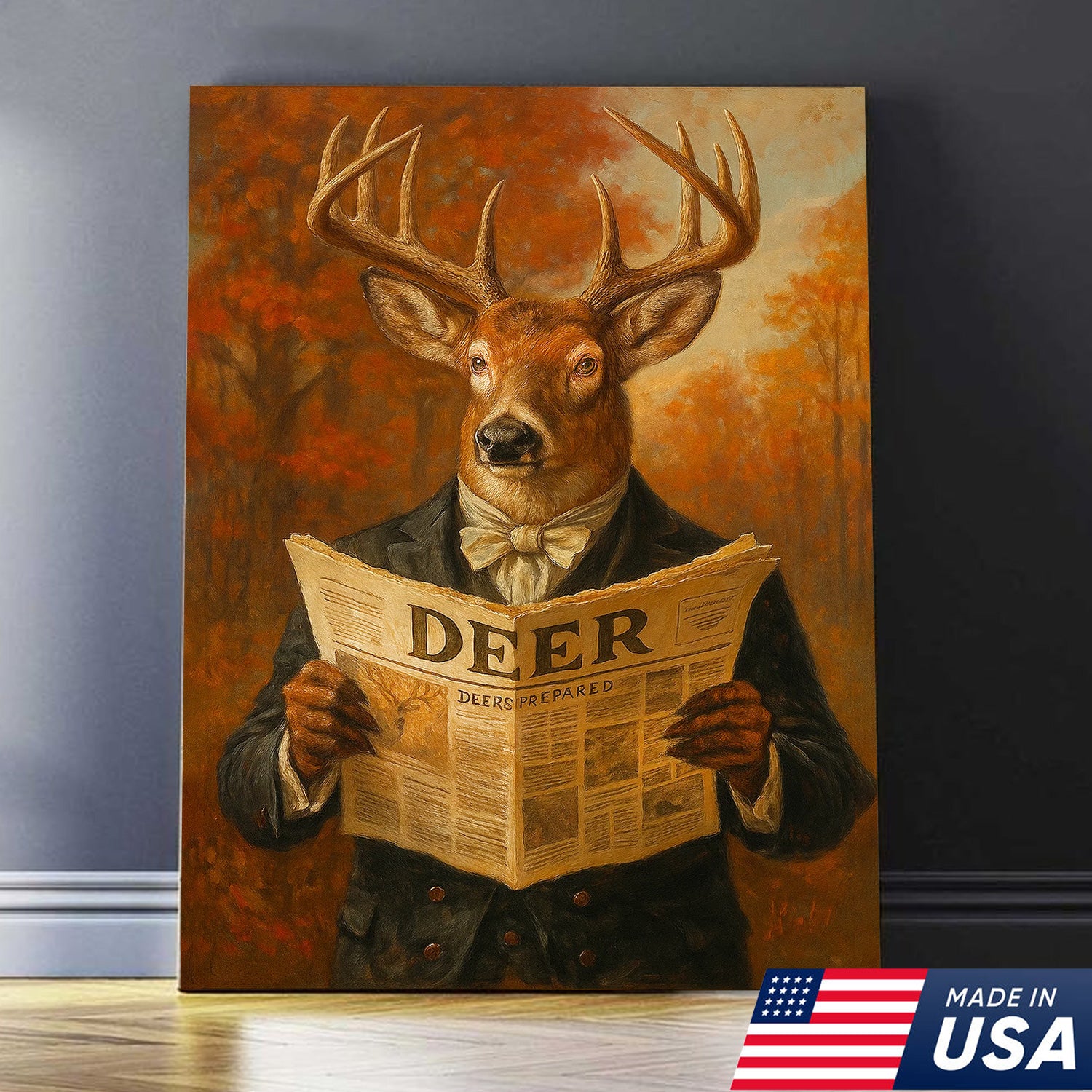 Funny Deer Reading Newspaper Canvas – Rustic Hunting Lodge Wall Art