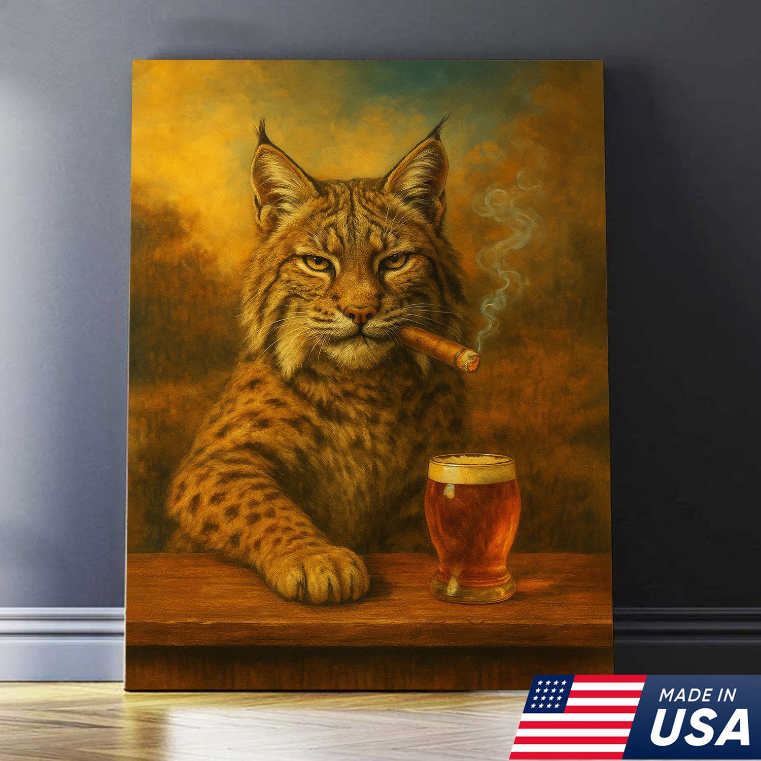 Funny Bobcat Smoking with Cocktail Glasses Canvas – Rustic Cabin & Hunting Lodge Wall Art