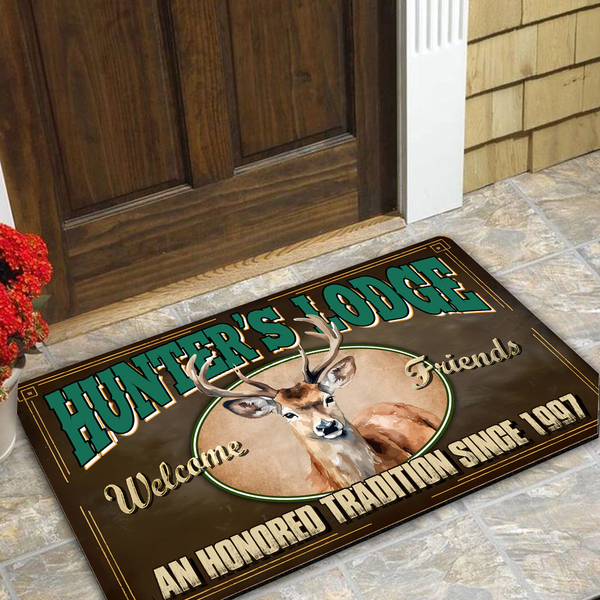 Personalized Hunter’s Lodge Deer Doormat – Custom Year, Rustic Cabin Welcome Mat for Hunters & Outdoor Decor