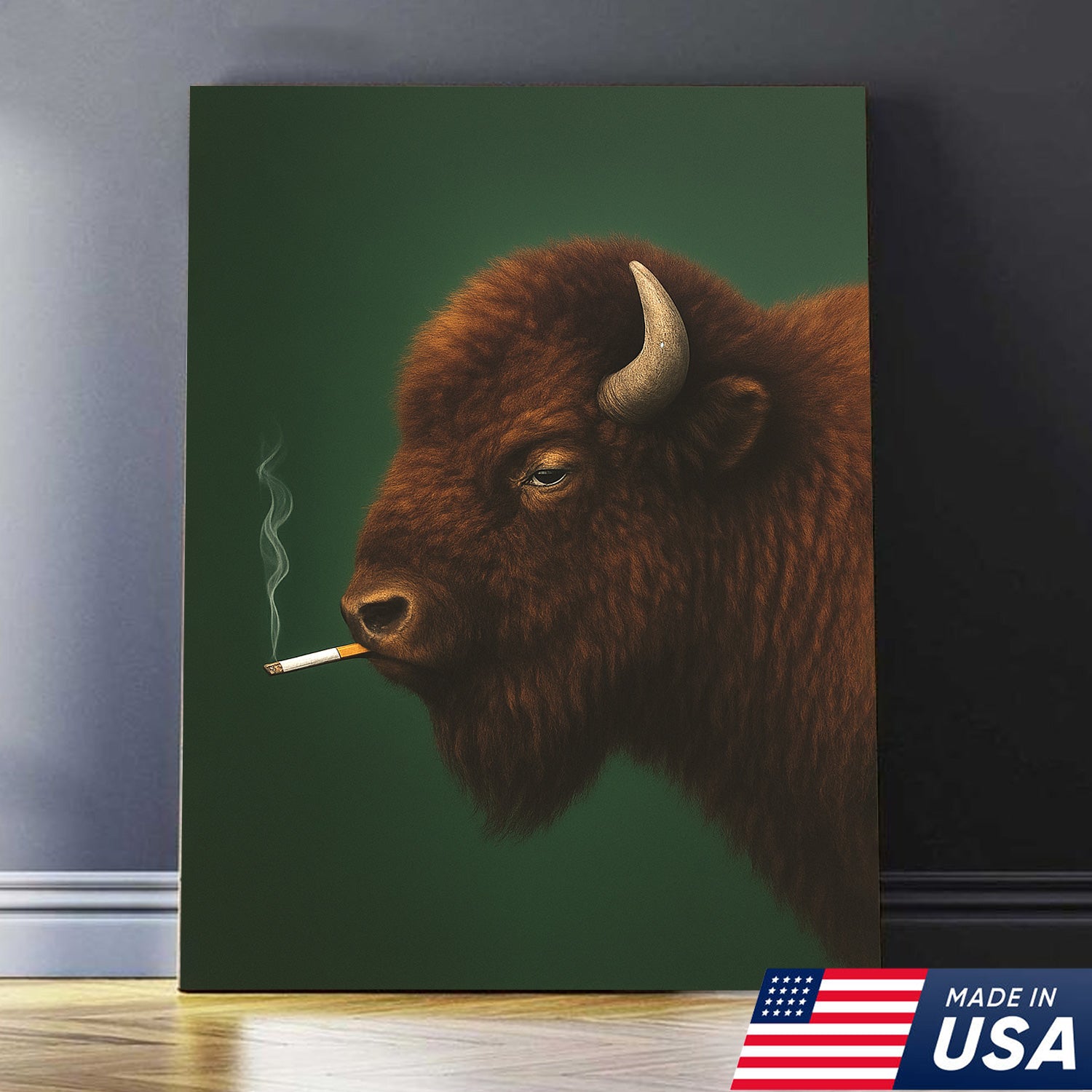 Bison Smoking Canvas Wall Art – Western Rustic Decor for Hunters & Cowboys