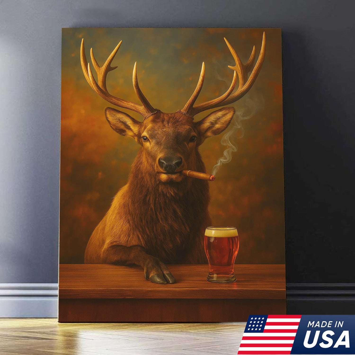 Funny Elk Drinking Cocktail Glasses & Smoking Canvas Wall Art - Rustic Hunting Perfect Gift for Hunters & Cocktail Glasses Lovers