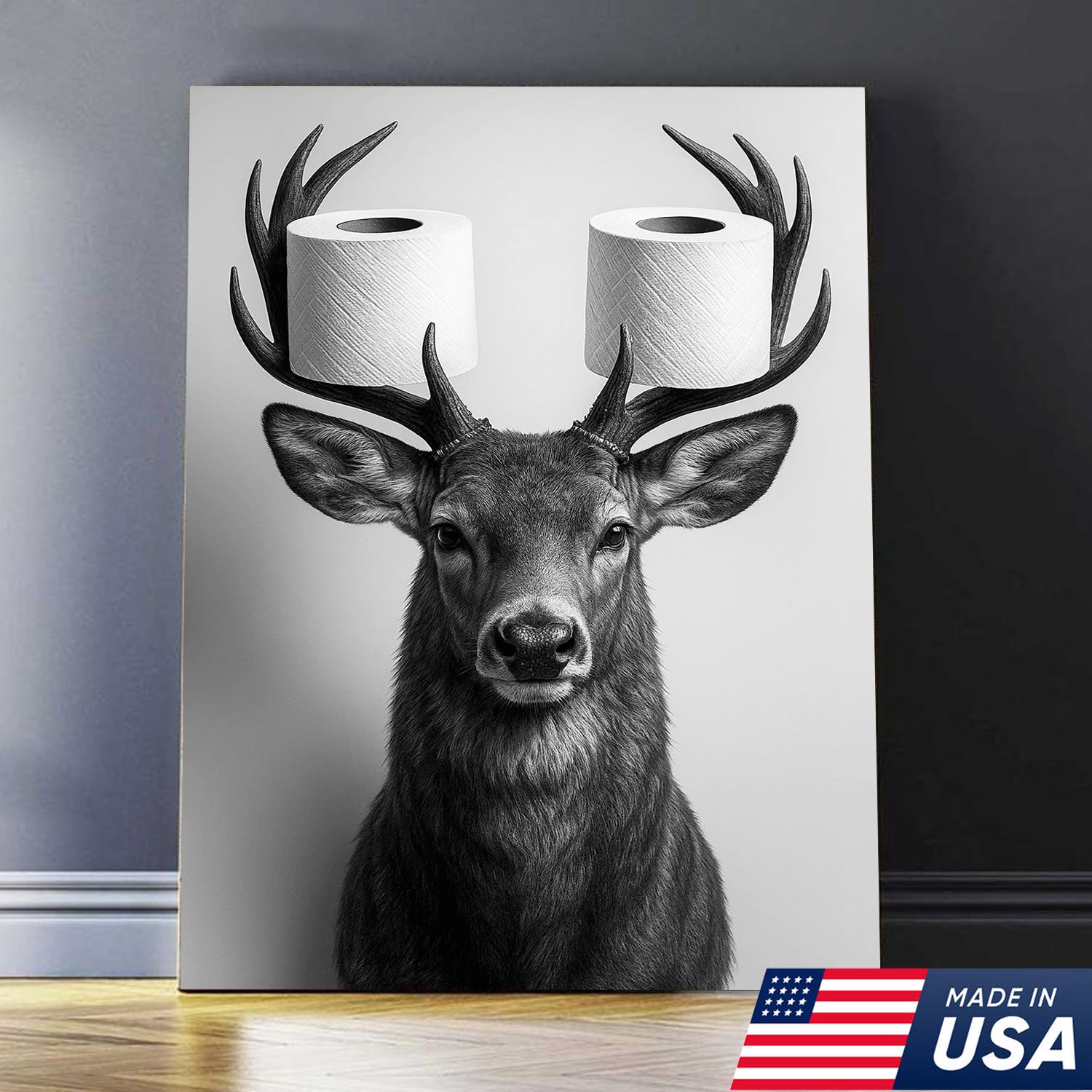 Deer Canvas Wall Art - Funny Animal Portrait with Toilet Paper on Antlers - Black and White Bathroom Decor Print