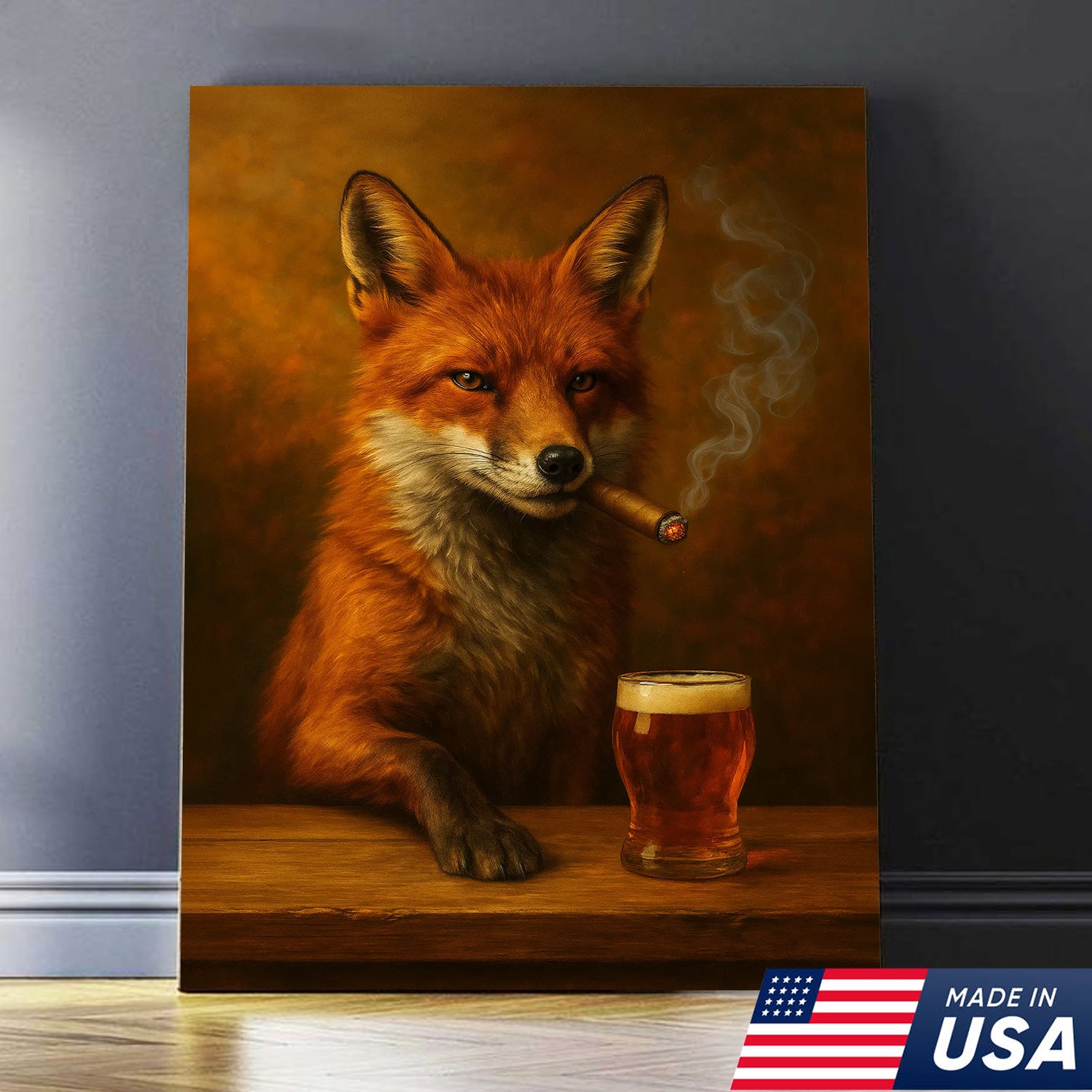 Funny Fox Smoking with Cocktail Glasses Canvas – Rustic Hunting Lodge Wall Art