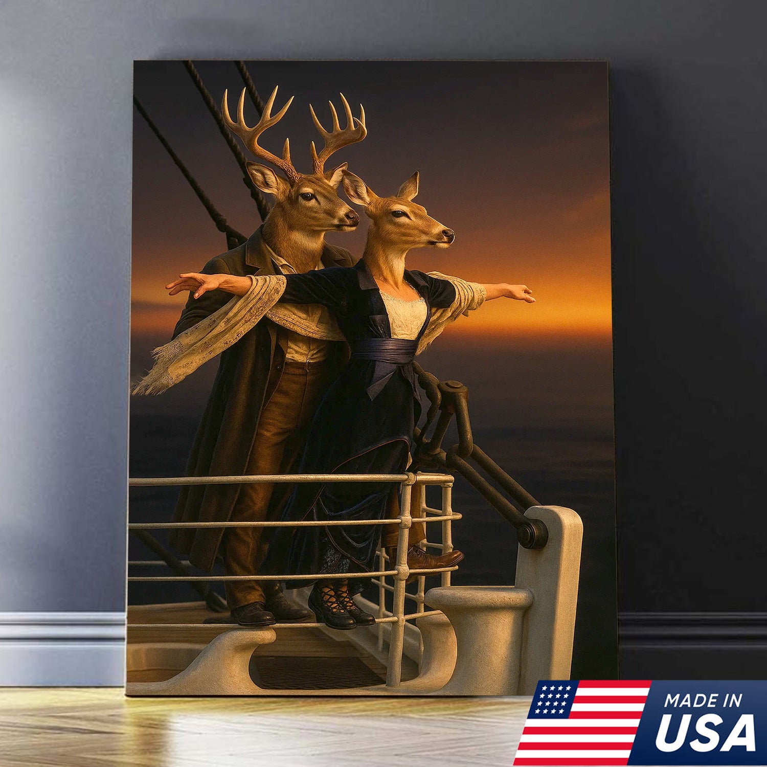 Romantic Deer Canvas Wall Art – Buck and Doe Cinematic Scene Sunset – Funny Whitetail Deer Couple Home Decor