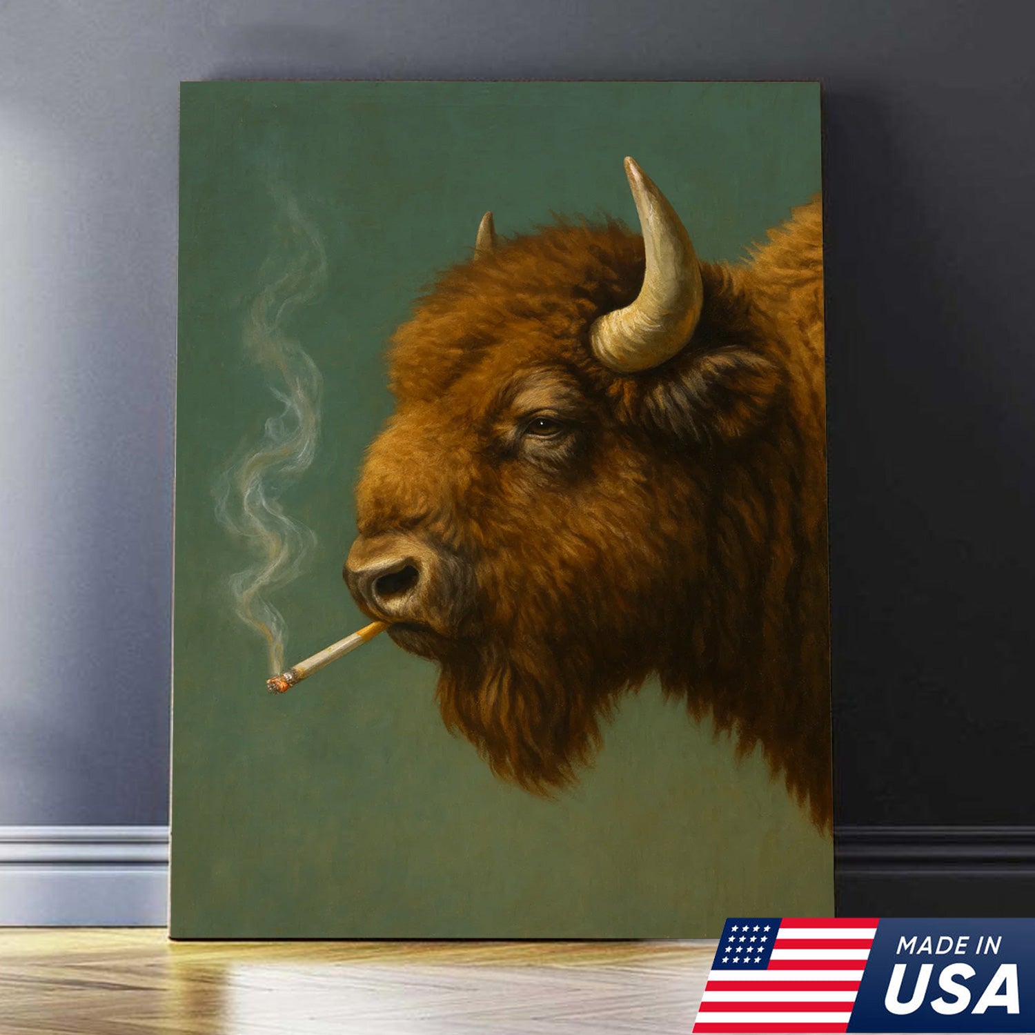 Buffalo Bison Smoking Canvas Wall Art – Rustic Western Cabin Decor for Hunters