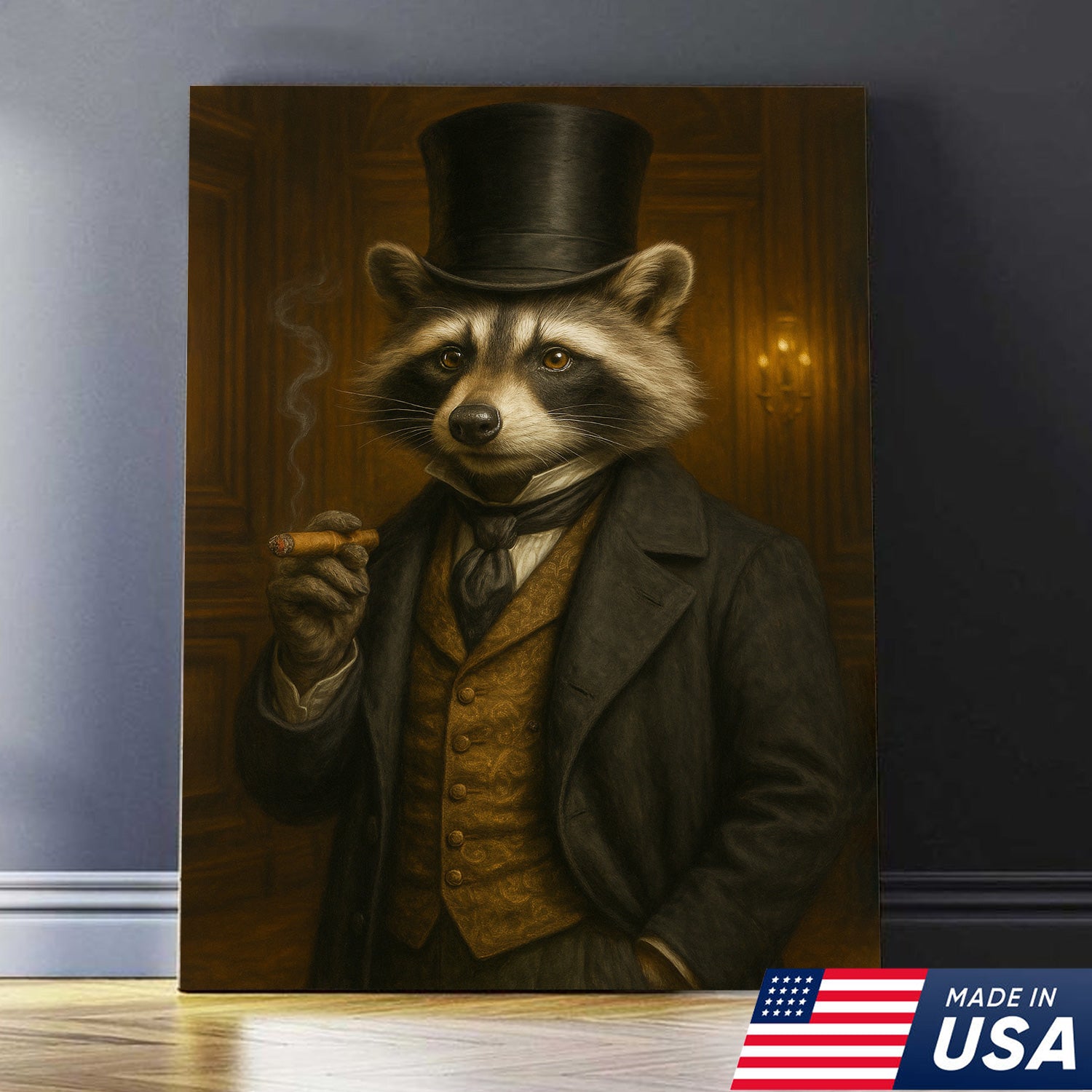 Victorian Gentleman Raccoon Canvas – Whimsical Animal Portrait for Quirky Home Decor & Man Cave