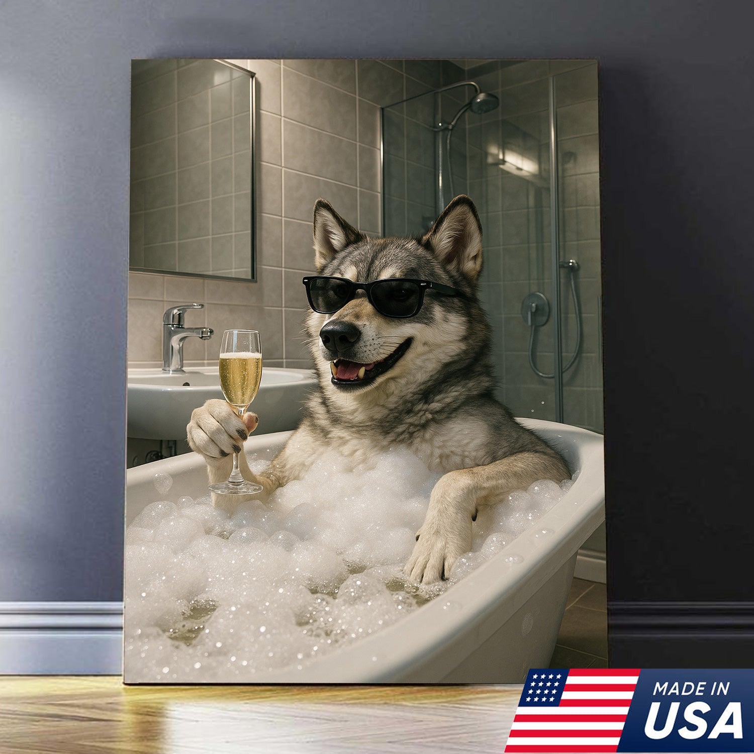 Funny Wolf Canvas Wall Art – Quirky Animal Portrait Relaxing in Bathtub for Bathroom, Rustic Cabin & Home Decor