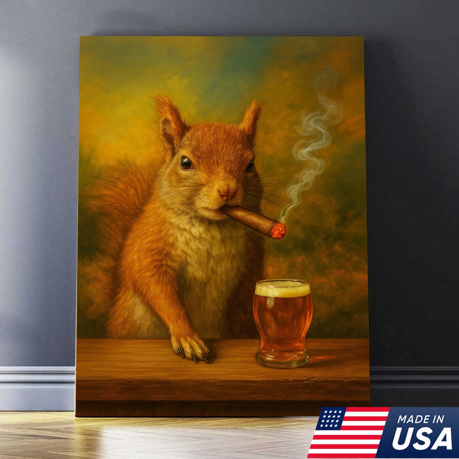 Funny Squirrel Smoking and Drinking Cocktail Glasses Canvas Wall Art – Quirky Cabin Decor