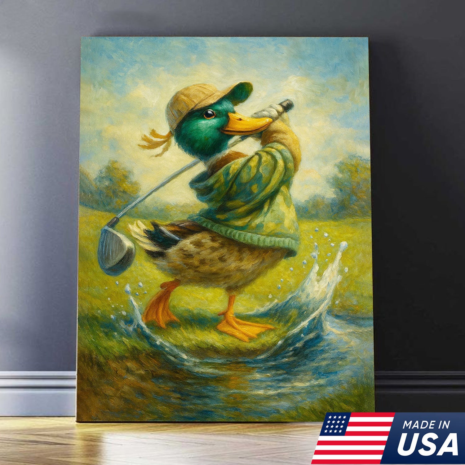 Funny Duck Playing Golf Canvas Wall Art – Rustic Sports Lodge Decor, Man Cave & Golfer Gift