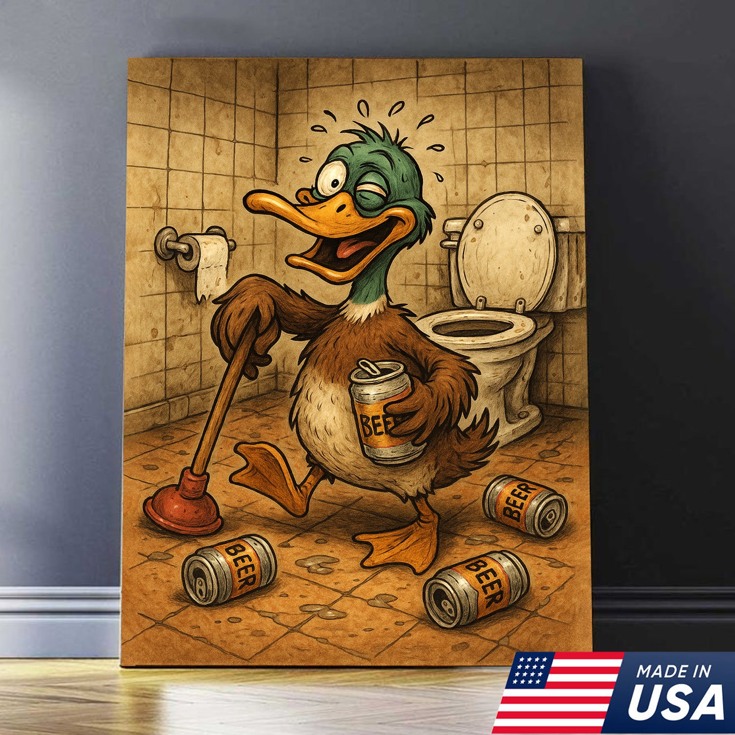 Funny Duck Canvas Wall Art – Hilarious Bathroom Decor with Soda Cans and Plunger for Rustic Cabin & Home