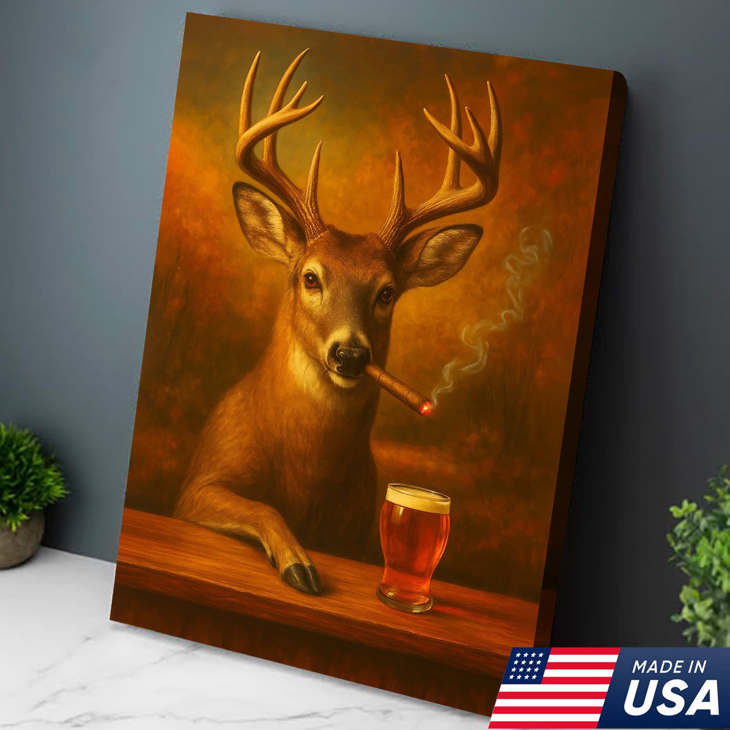 Funny White-Tailed Deer Smoking and Drinking Cocktail Glasses Canvas - Humorous Man Cave Wall Art For Hunters & Cocktail Glasses Lovers