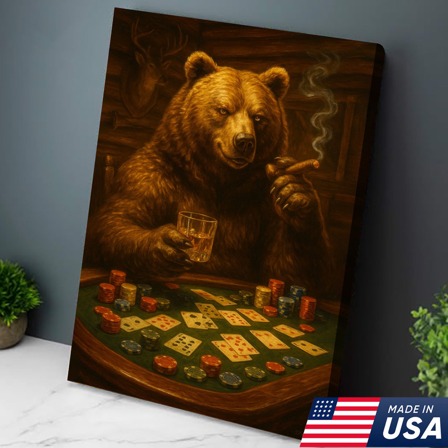 Rustic Bear Poker Canvas Wall Art – Funny Animal Playing Cards Decor for Cabin, Lodge & Game Room