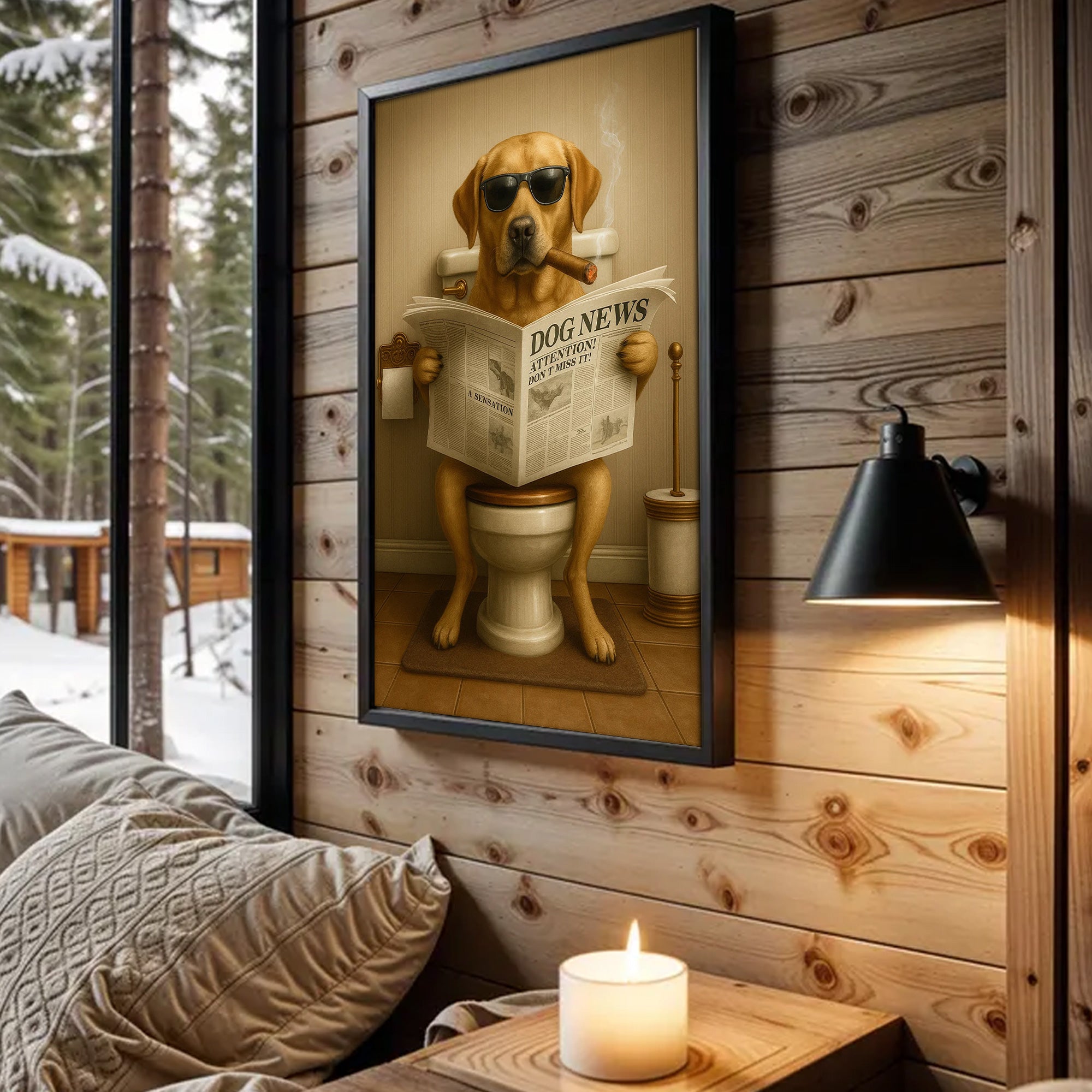 Funny Labrador Bathroom Poster Canvas – Dog on Toilet Reading Newspaper - Rustic Bathroom Decor, Gift for Dog Dads