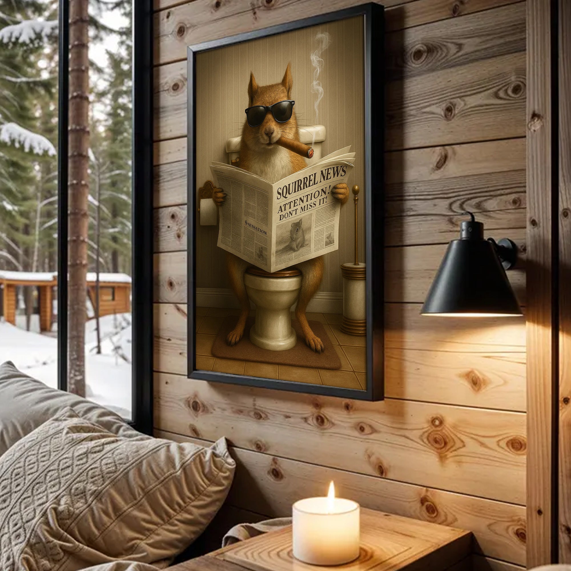 Squirrel Reading News Smoking Bathroom Wall Art – Rustic Decor for Men, Hunting Cabin Poster, Hilarious Gift for Dad