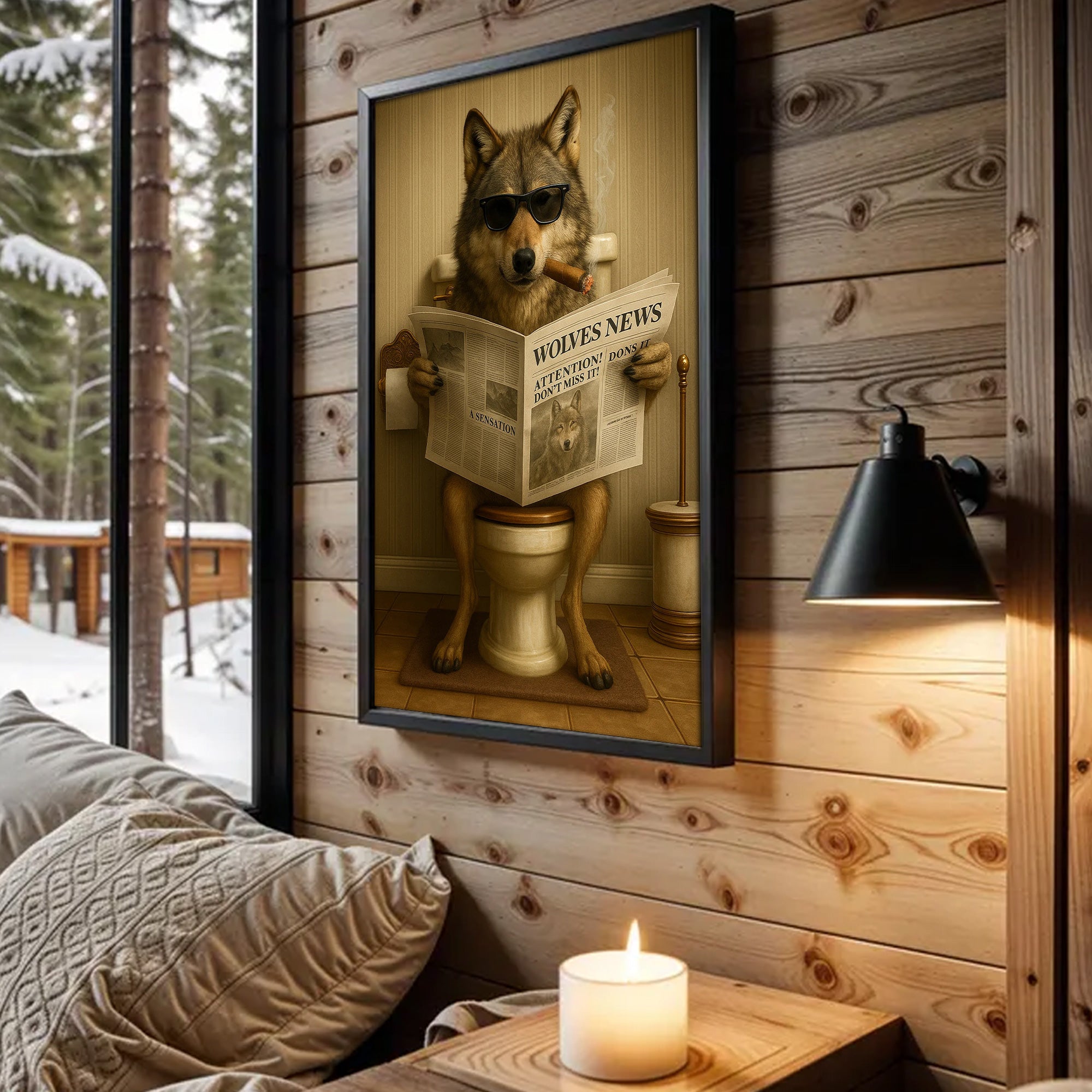 Funny Wolves News Poster Canvas – Hilarious Bathroom Scene with Cool Wolf on Toilet - Gift for Men, Nature Lovers, Hunters