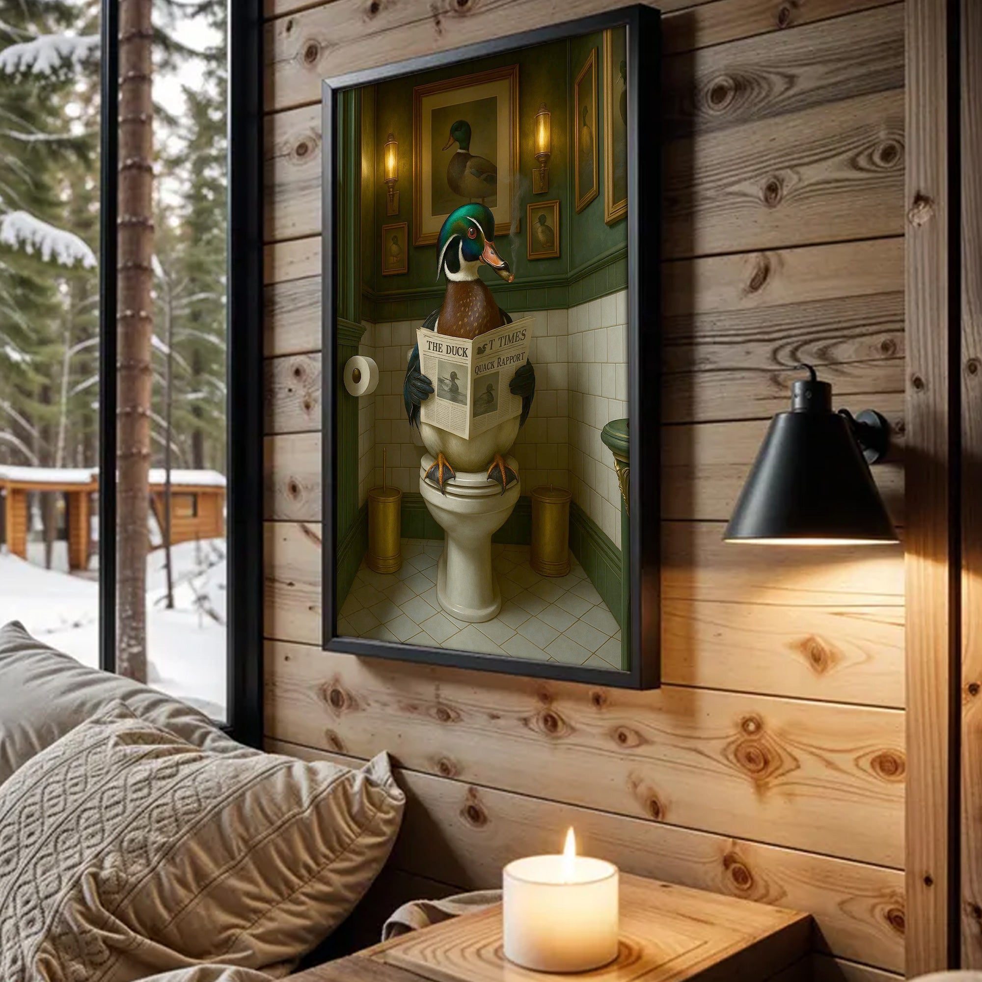 Rustic Duck Bathroom Wall Art Canvas – Wood Duck Reading Newspaper - Lodge Humor Print, Perfect Gift for Hunters