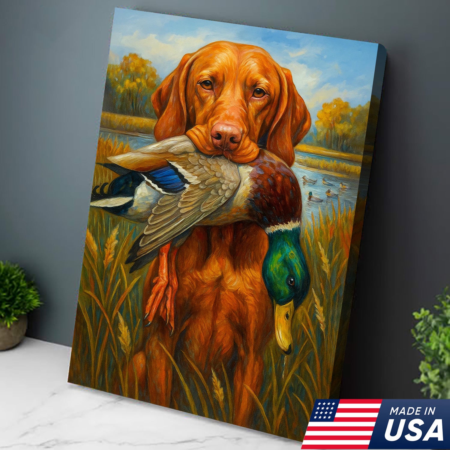 Rustic Hunting Wall Art – Dog and Duck Canvas Print Made in USA