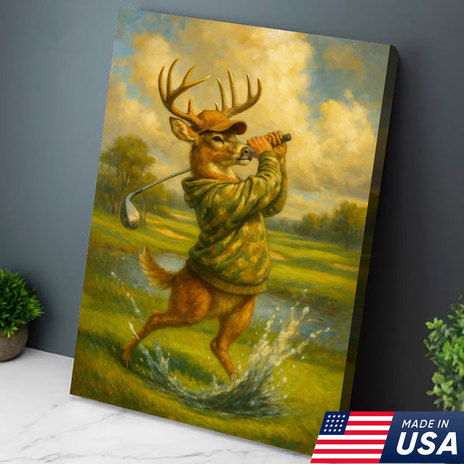 Funny Deer Playing Golf Canvas Wall Art – Rustic Hunting Cabin Lodge Decor, Man Cave & Golfer Gift