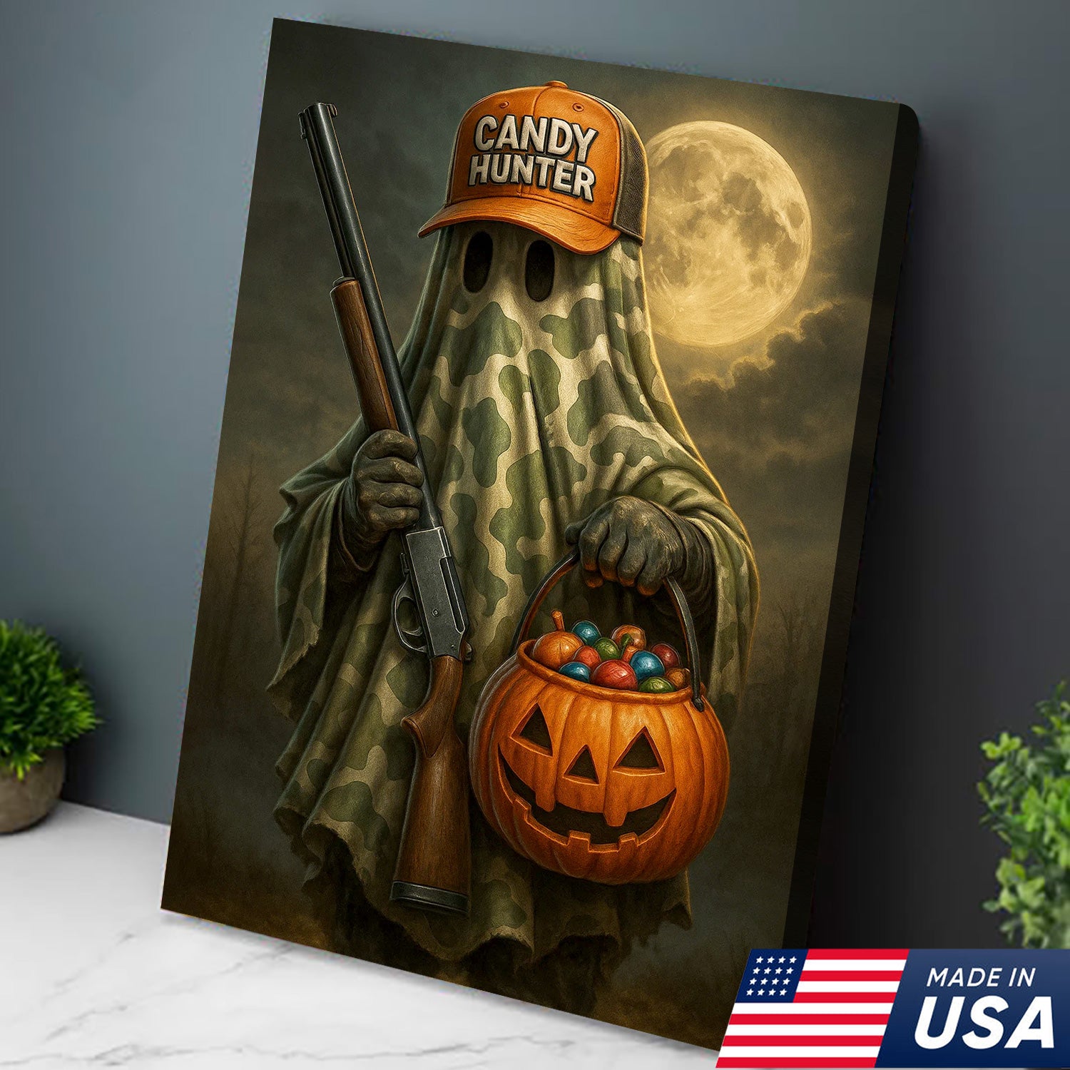 Candy Hunter Halloween Canvas Wall Art – Camouflage Ghost with Shotgun and Pumpkin Trick or Treat Decor