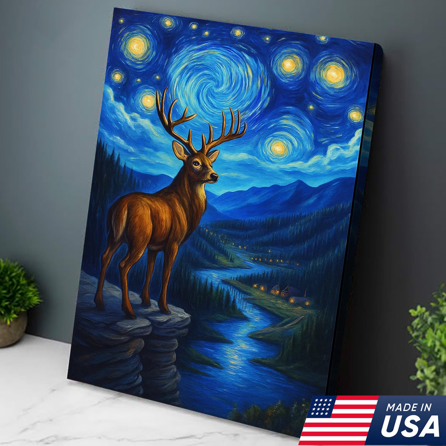 Starry Night Deer Wall Art – Mountain River Landscape Canvas - Hunter Gift for Men Women