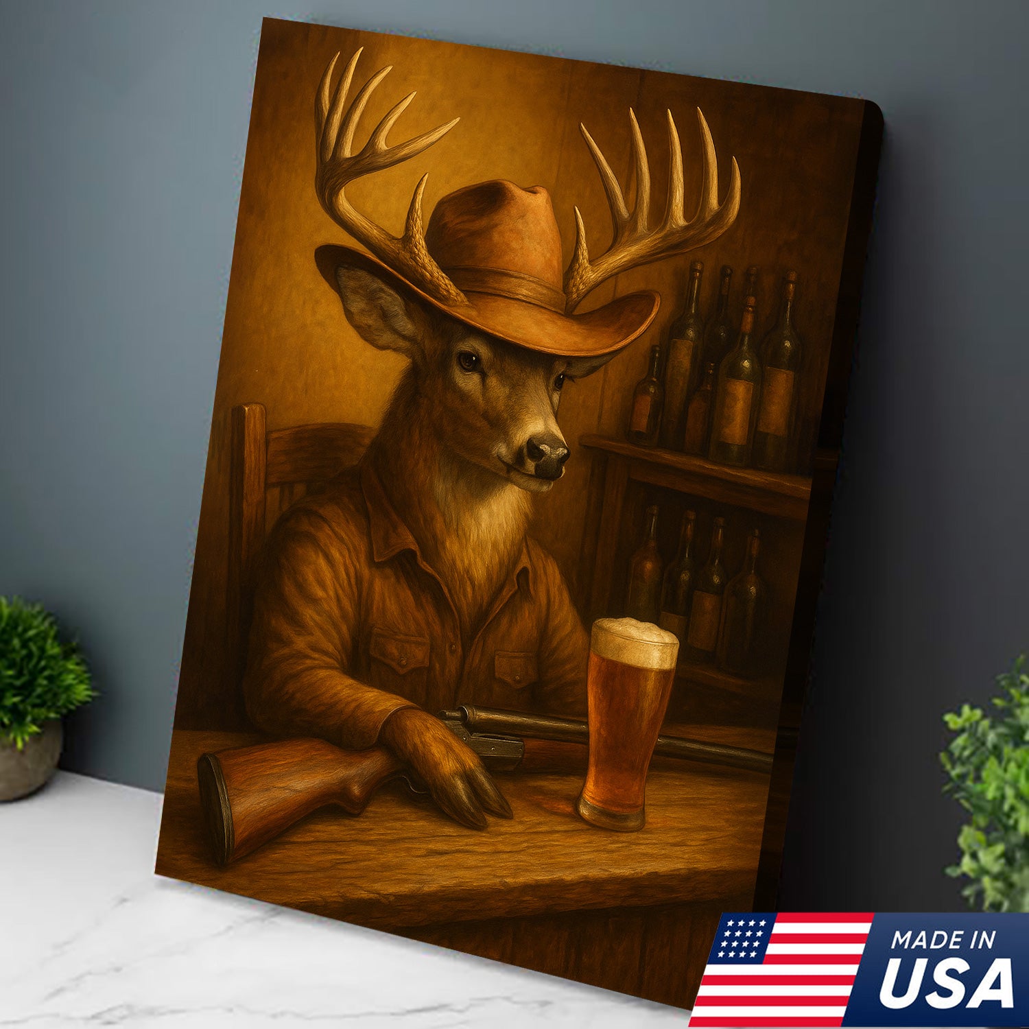 Funny Cowboy Deer Cocktail Glasses Bar Canvas Wall Art – Rustic Hunting Lodge Decor