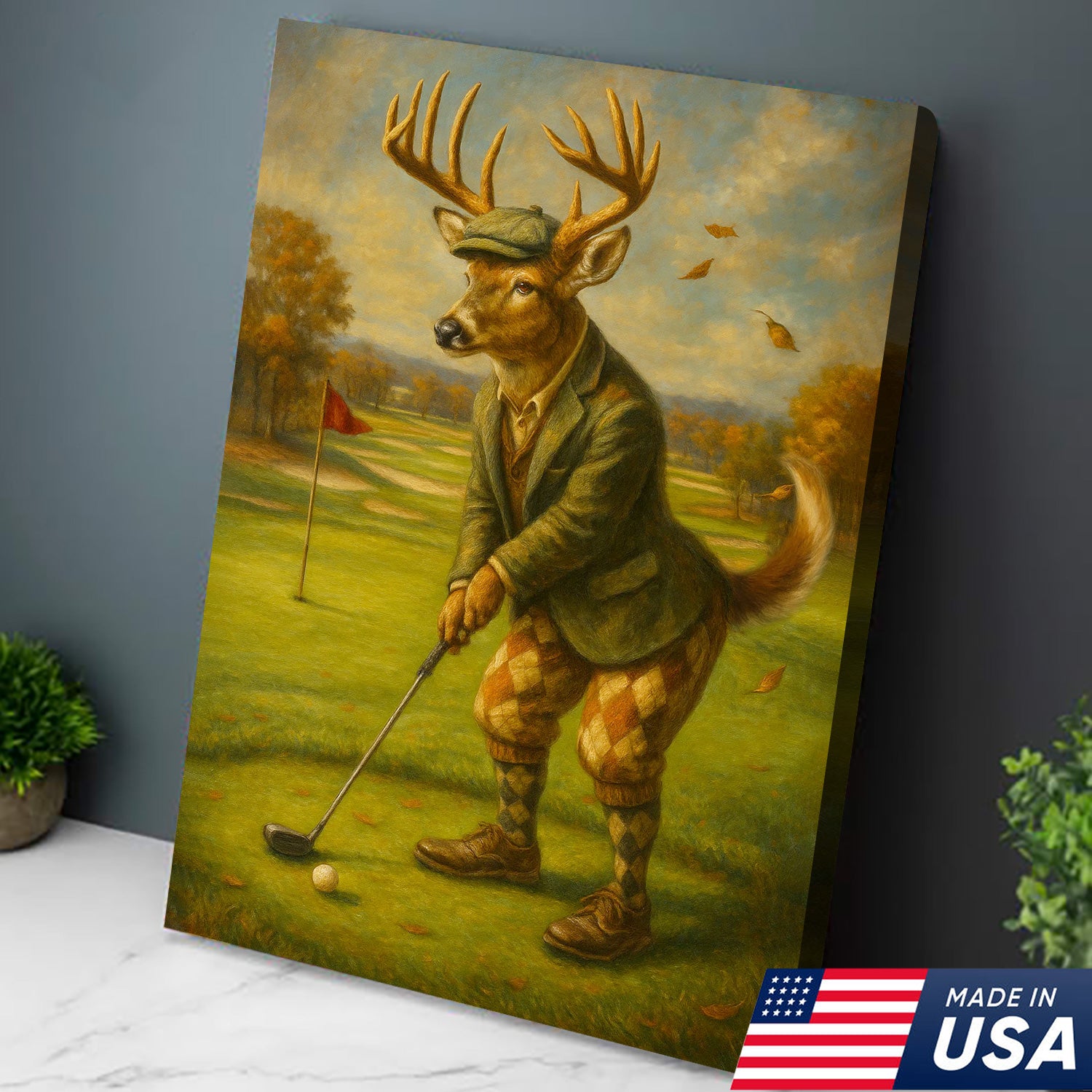 Vintage Deer Golfer Canvas Print – Rustic Funny Lodge Wall Art, Man Cave & Cabin Gift USA
