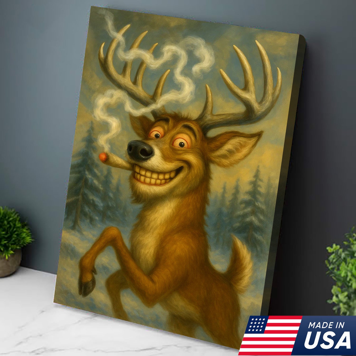 Funny Deer Smoking Canvas Wall Art – Rustic Cabin Lodge Decor, Hunting Gift for Men