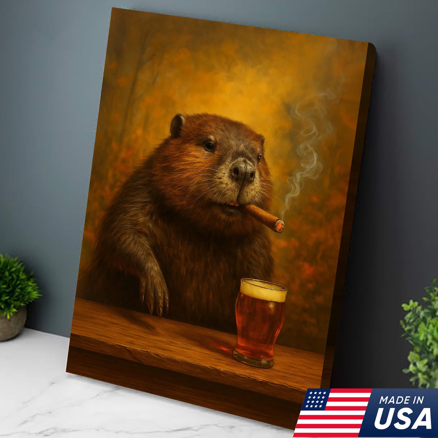 Funny Beaver Smoking with Cocktail Glasses Canvas – Rustic Cabin & Hunting Lodge Wall Art