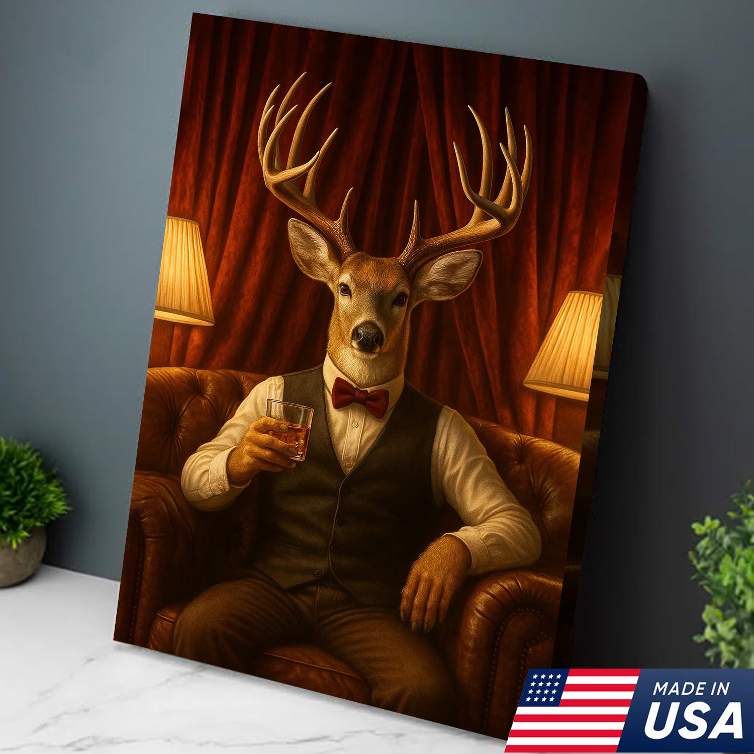 Gentleman Deer Canvas Wall Art – Rustic Hunting Lodge Whiskey Decor