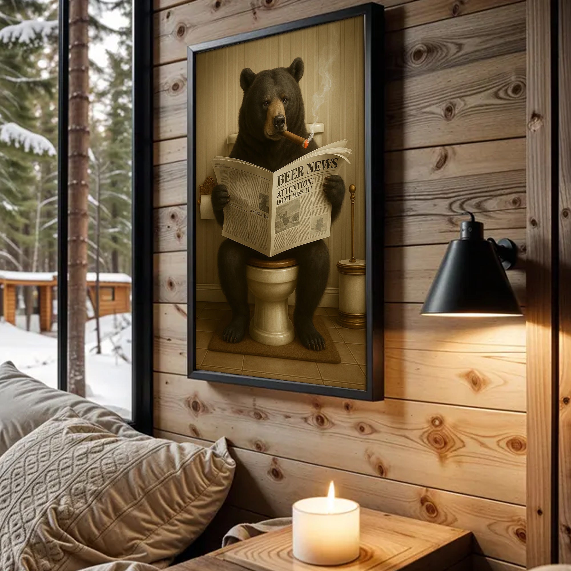 Funny Bear Newspaper Bathroom Canvas Wall Art – Wildlife Animal Poster - Unique Gift for Dad, Hunters & Outdoorsmen