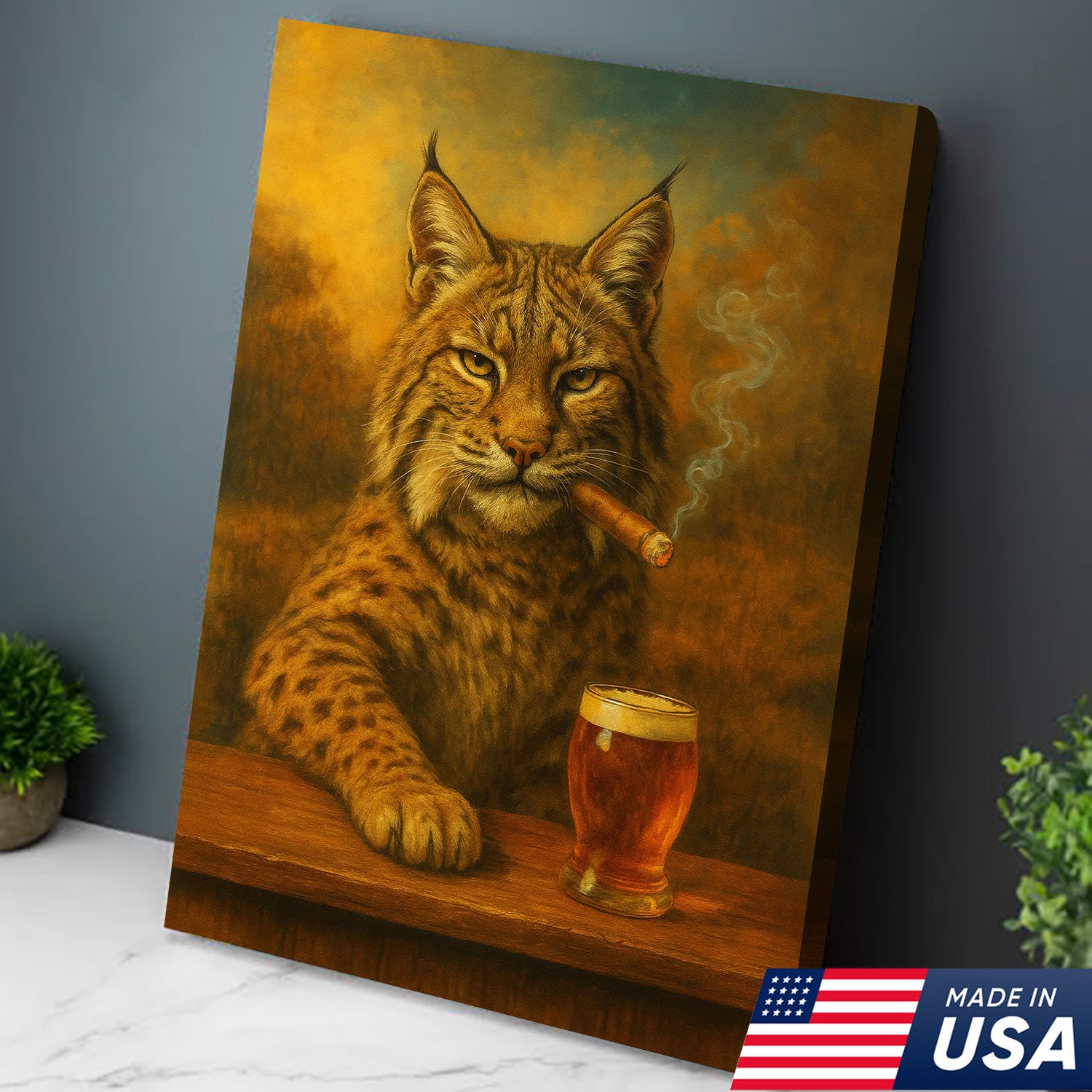 Funny Bobcat Smoking with Cocktail Glasses Canvas – Rustic Cabin & Hunting Lodge Wall Art