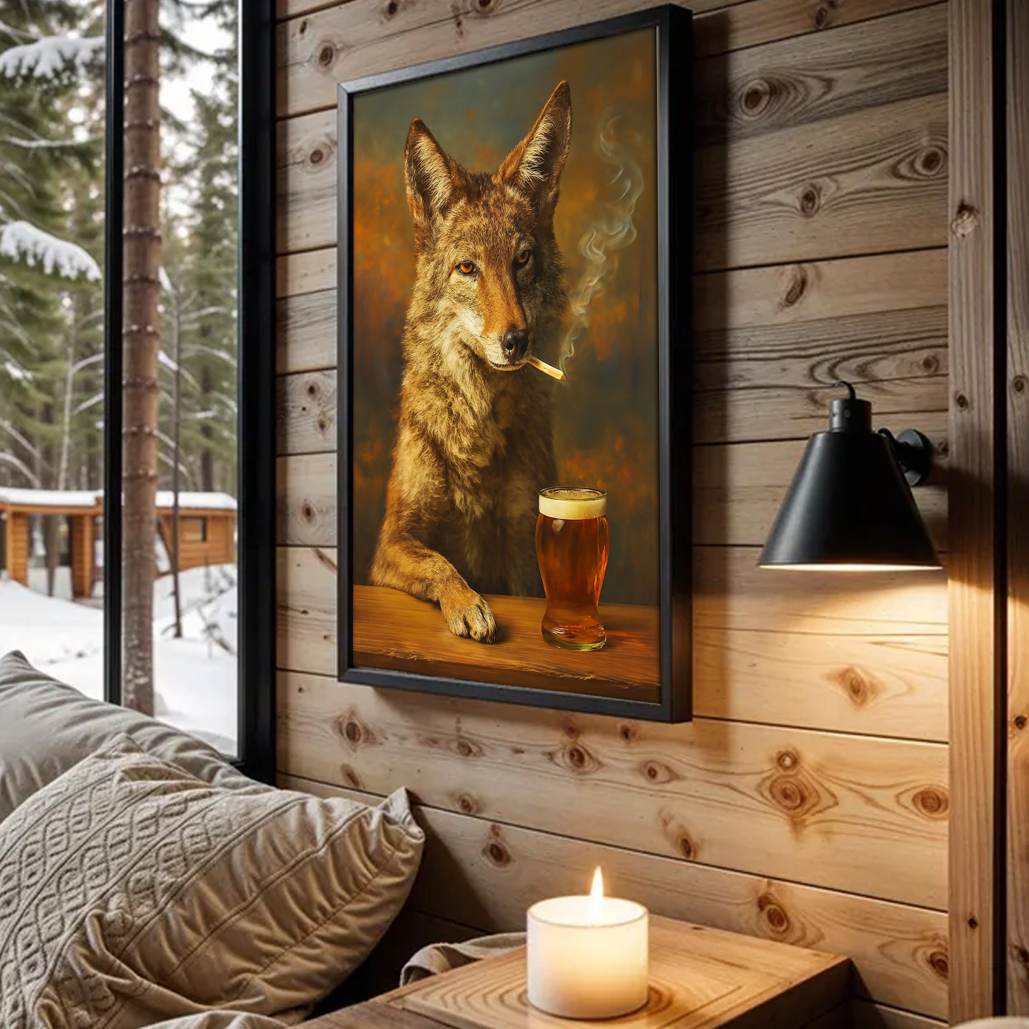 Smoking Wolf Coyote with Cocktail Glasses Canvas – Funny Hunting Wall Art for Man Caves - Hilarious Gift for Outdoorsmen