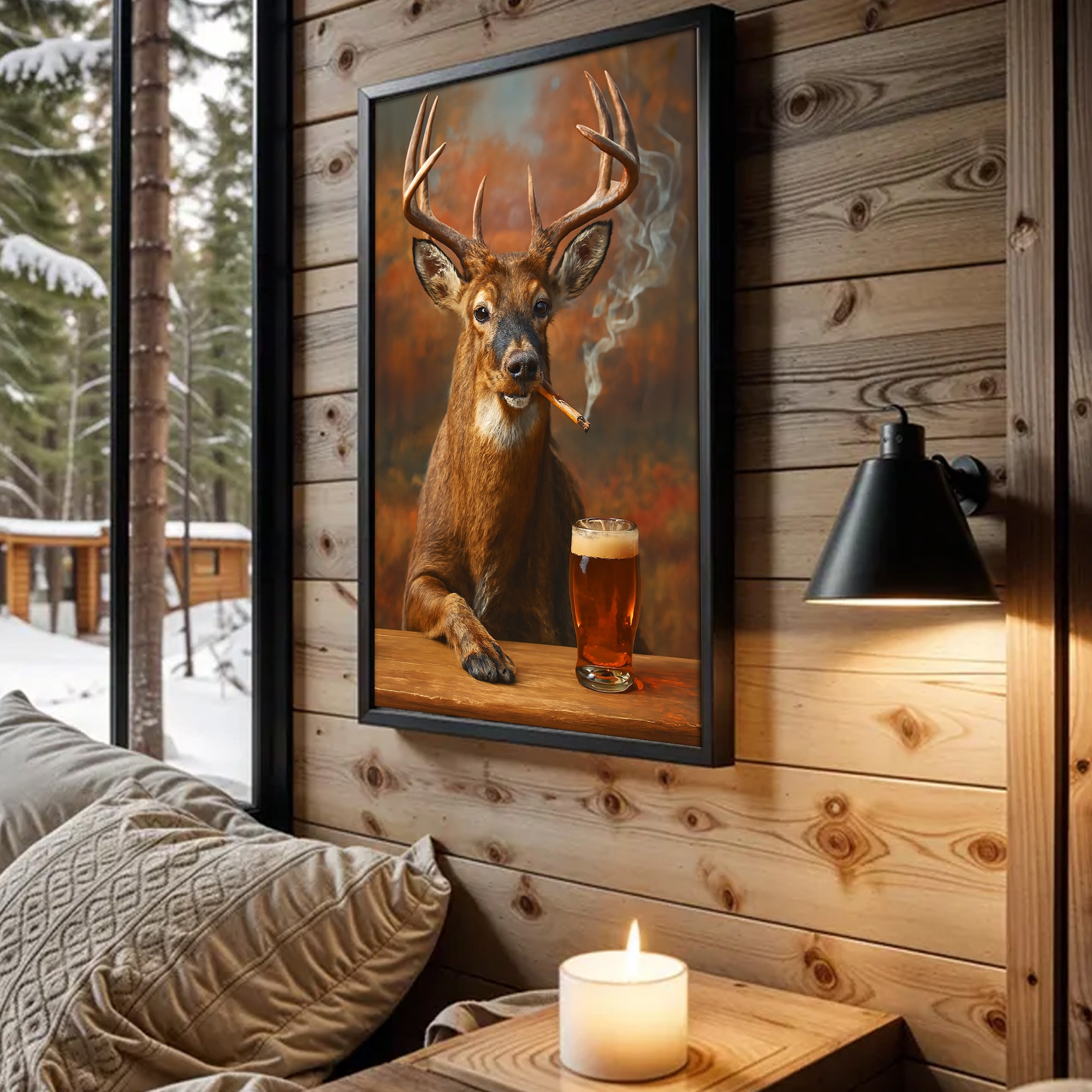 Smoking Deer with Cocktail Glasses Canvas – Funny Hunting Wall Art for Man Caves