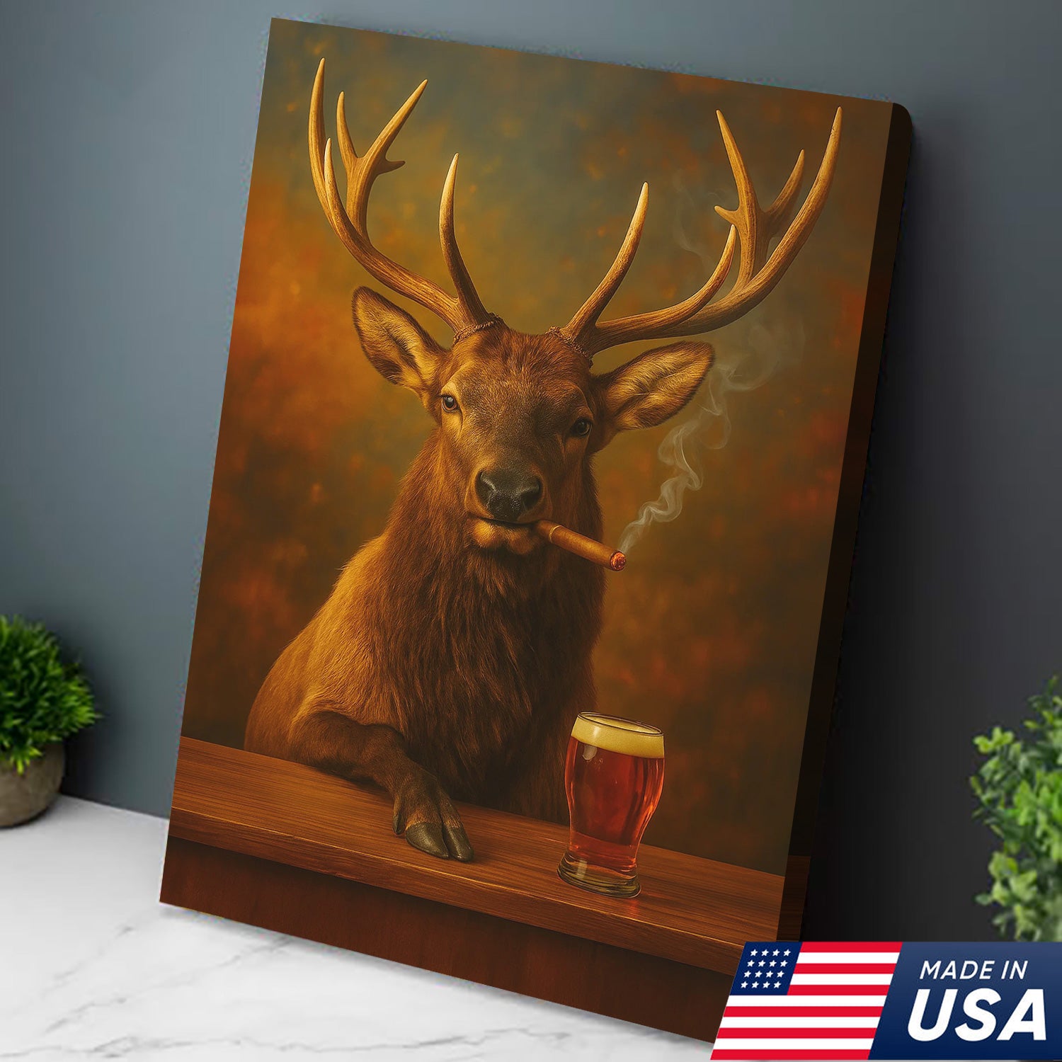 Funny Elk Drinking Cocktail Glasses & Smoking Canvas Wall Art - Rustic Hunting Perfect Gift for Hunters & Cocktail Glasses Lovers