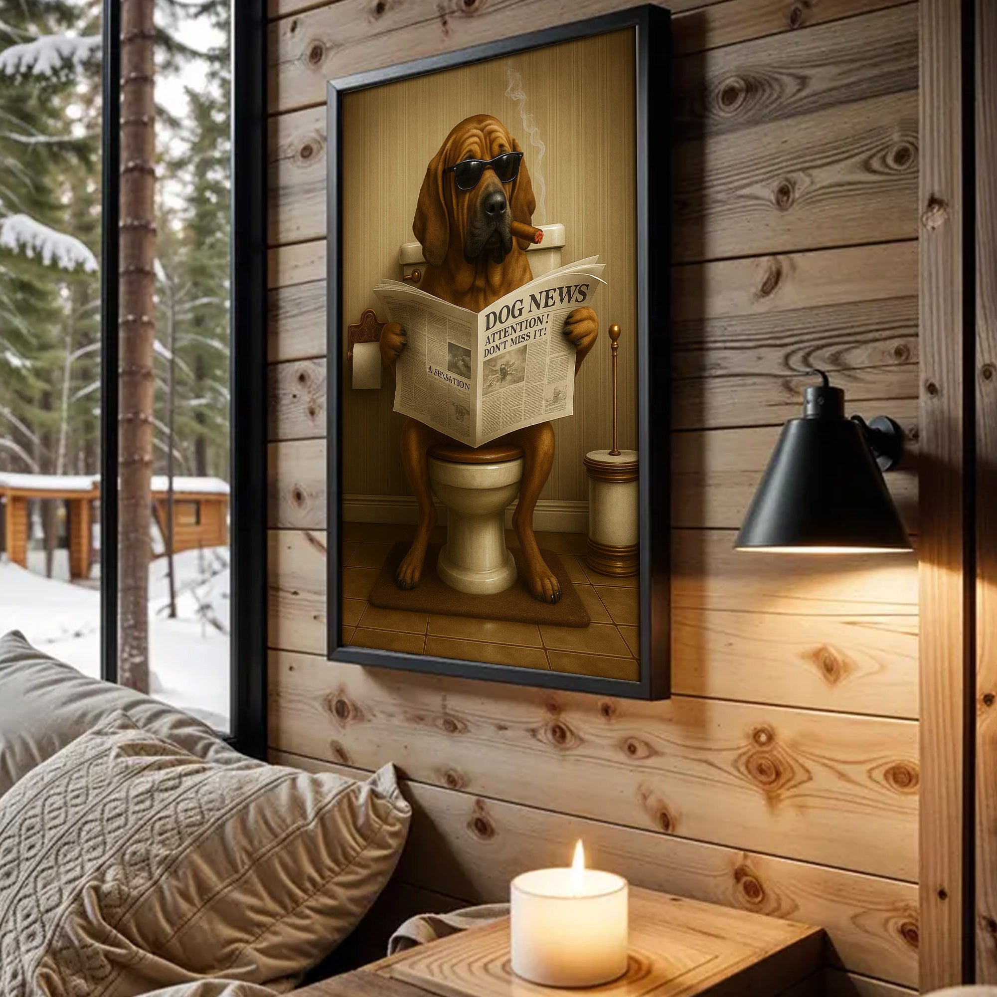 Funny Rustic Dog Bathroom Canvas – Bloodhound Smoking Reading ‘Dog News’ - Hunting Hunters Cabin Decor, Gift for Dad or Husband