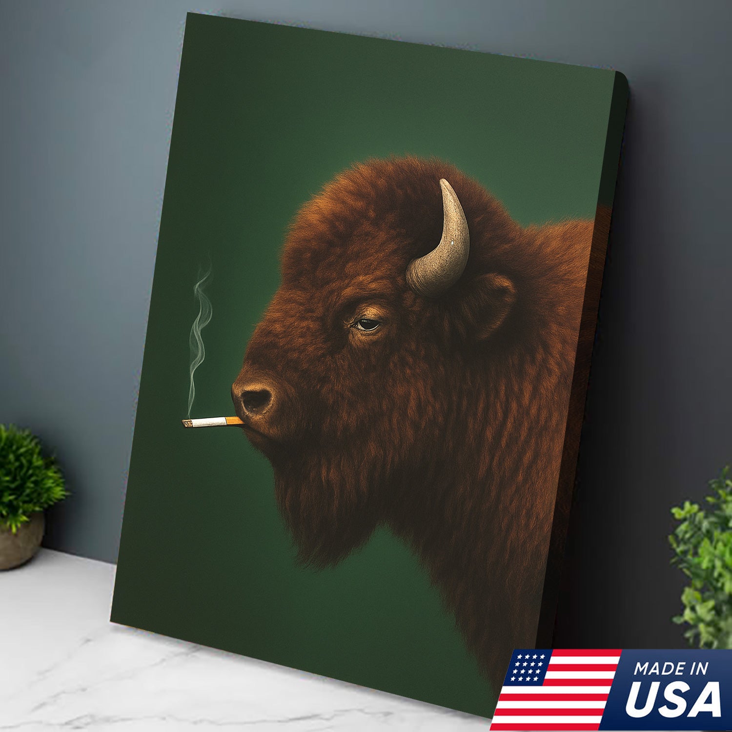 Bison Smoking Canvas Wall Art – Western Rustic Decor for Hunters & Cowboys