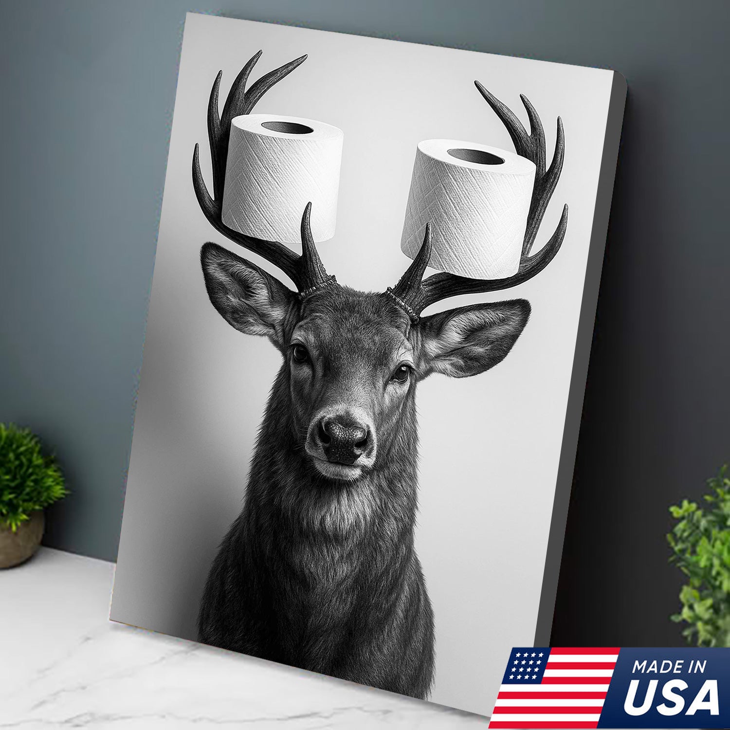 Deer Canvas Wall Art - Funny Animal Portrait with Toilet Paper on Antlers - Black and White Bathroom Decor Print
