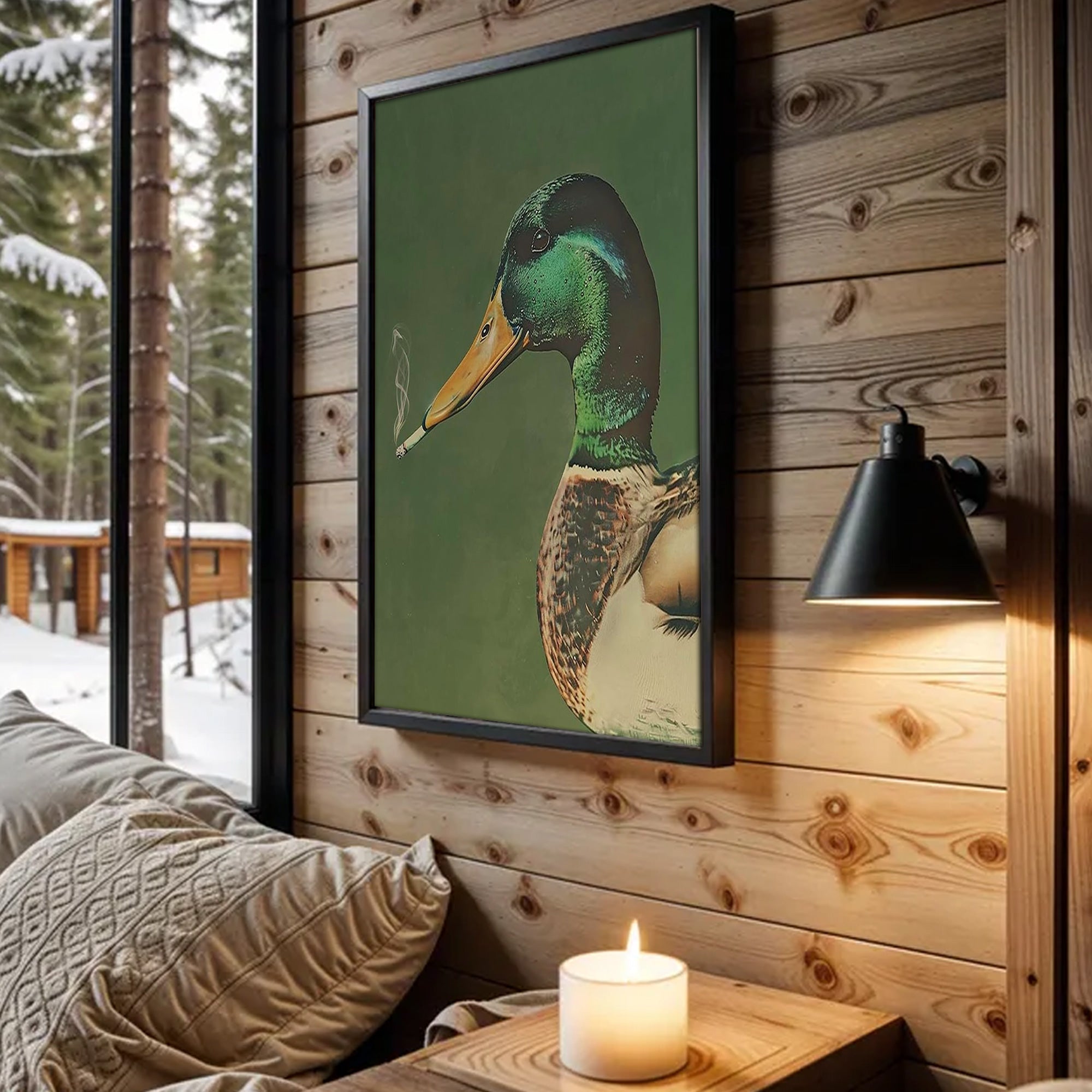 Funny Duck Smoking Canvas Wall Art – Hunting Lodge Decor for Hunters