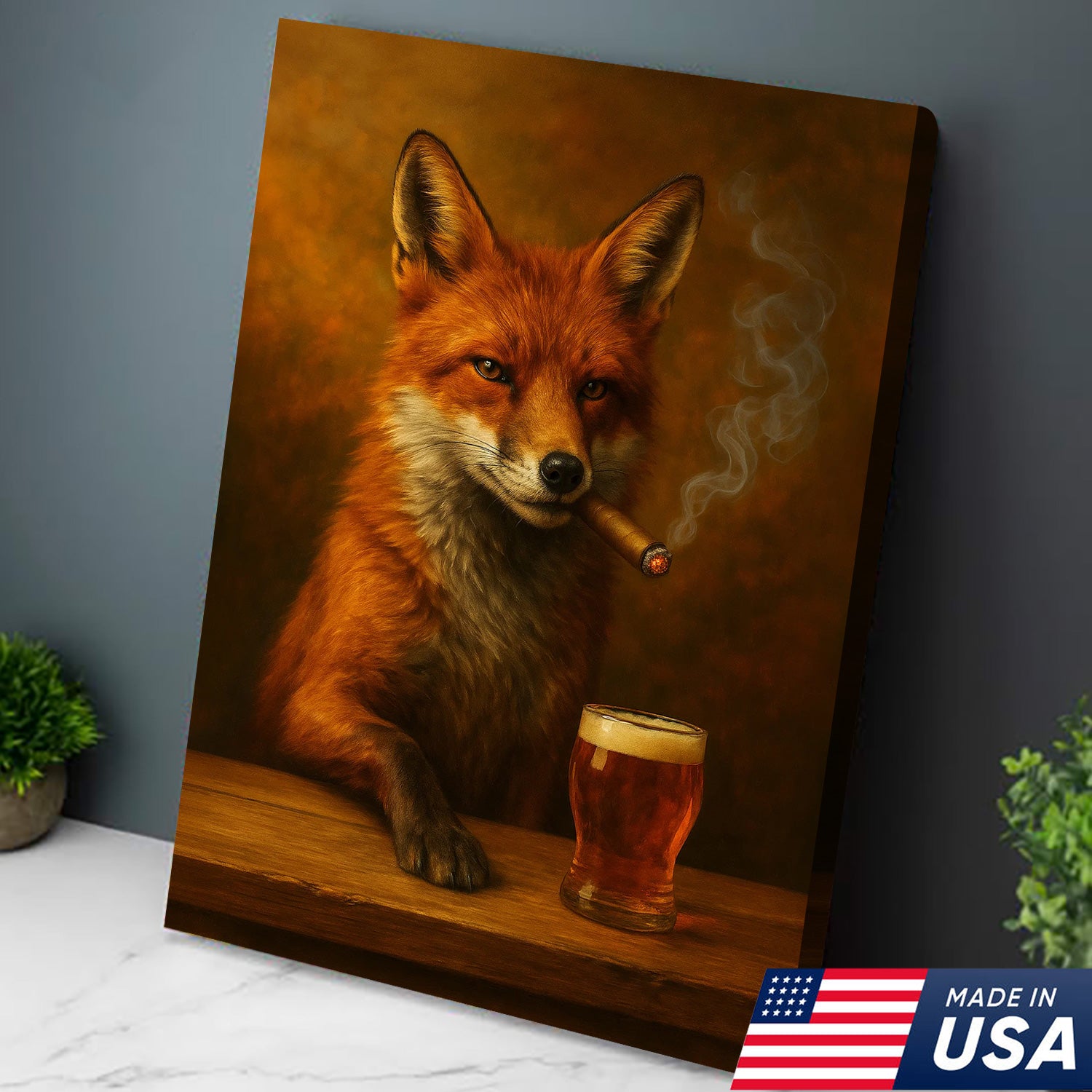 Funny Fox Smoking with Cocktail Glasses Canvas – Rustic Hunting Lodge Wall Art